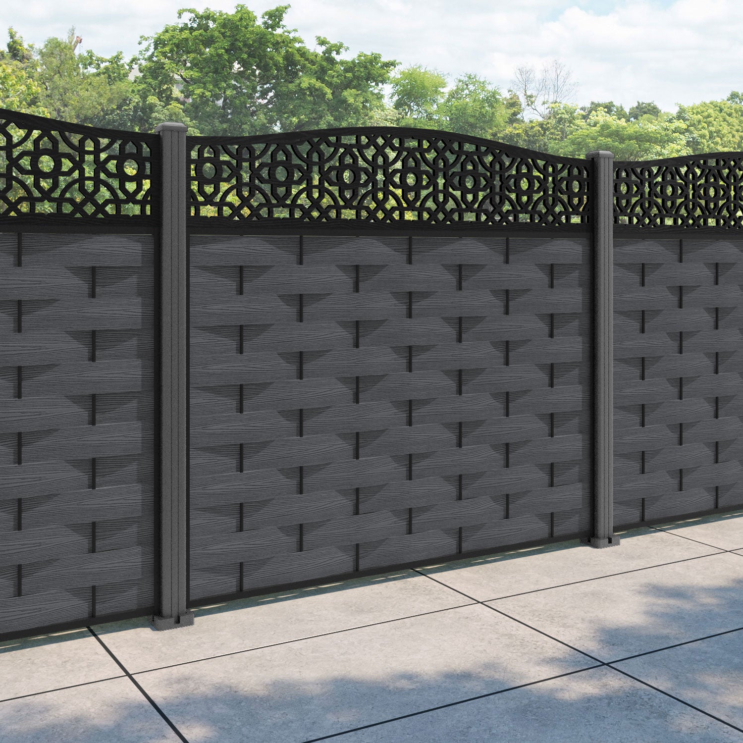Ripple Nabila Curved Top Fence Panel - Dark Grey - with our aluminium posts