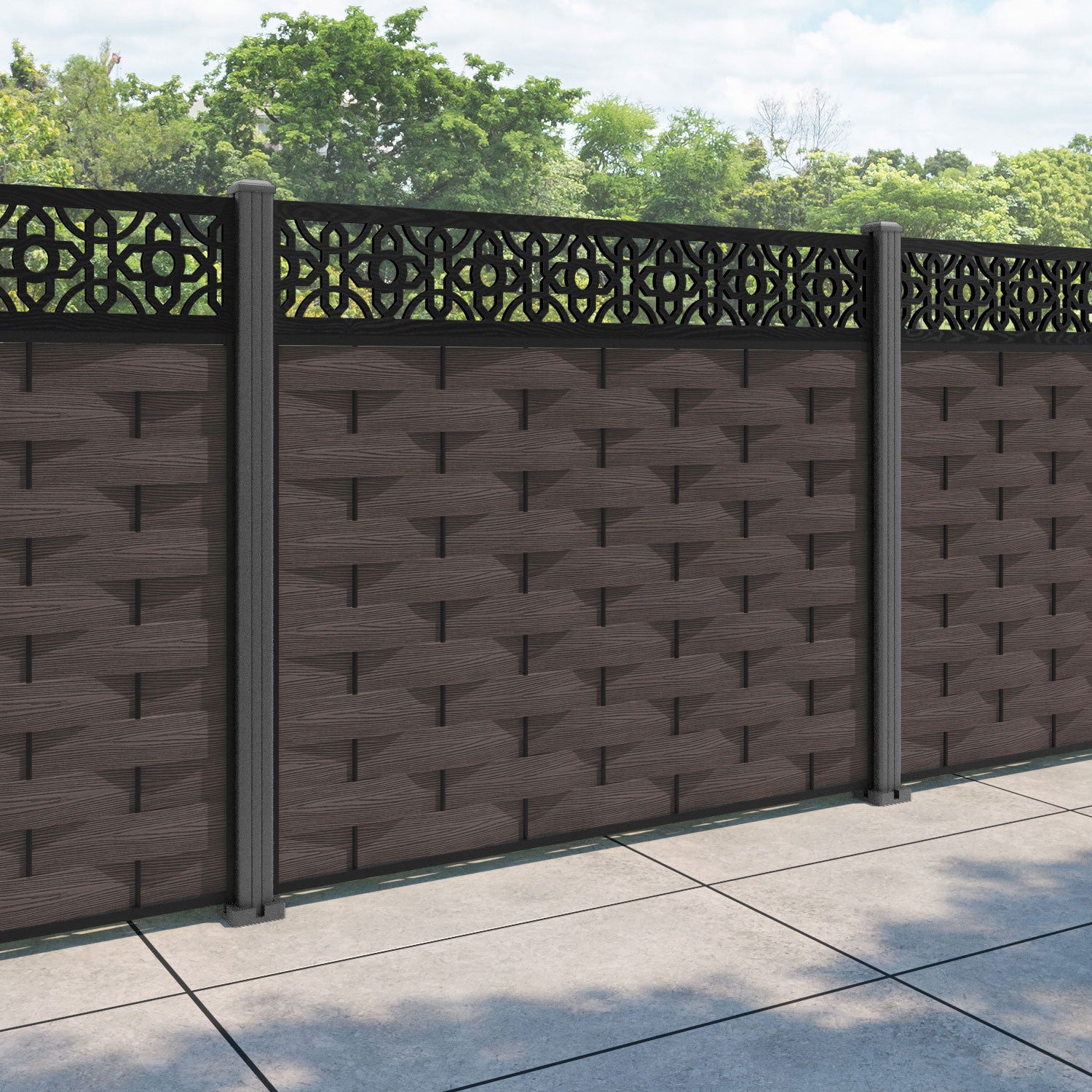 Ripple Nabila Fence Panel - Mid Brown - with our aluminium posts