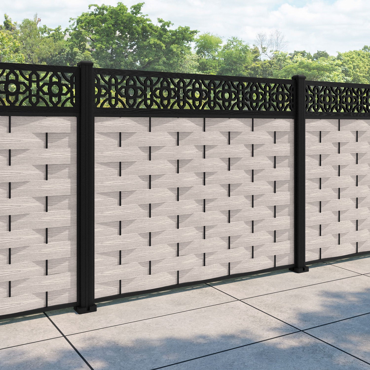 Ripple Nabila Fence Panel - Mid Stone - with our aluminium posts
