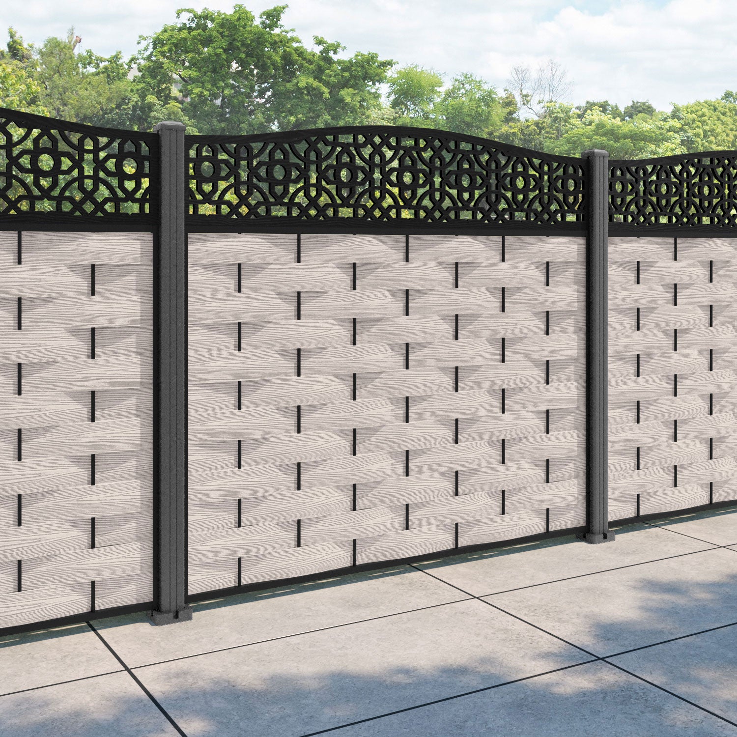 Ripple Nabila Curved Top Fence Panel - Mid Stone - with our aluminium posts