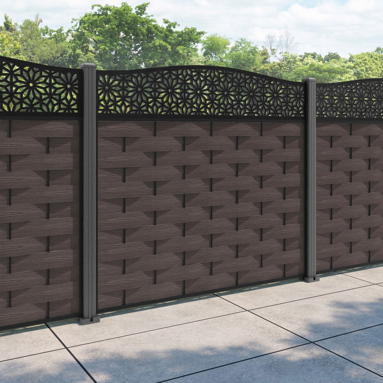 Ripple Narwa Curved Top Fence Panel - Mid Brown - with our aluminium posts