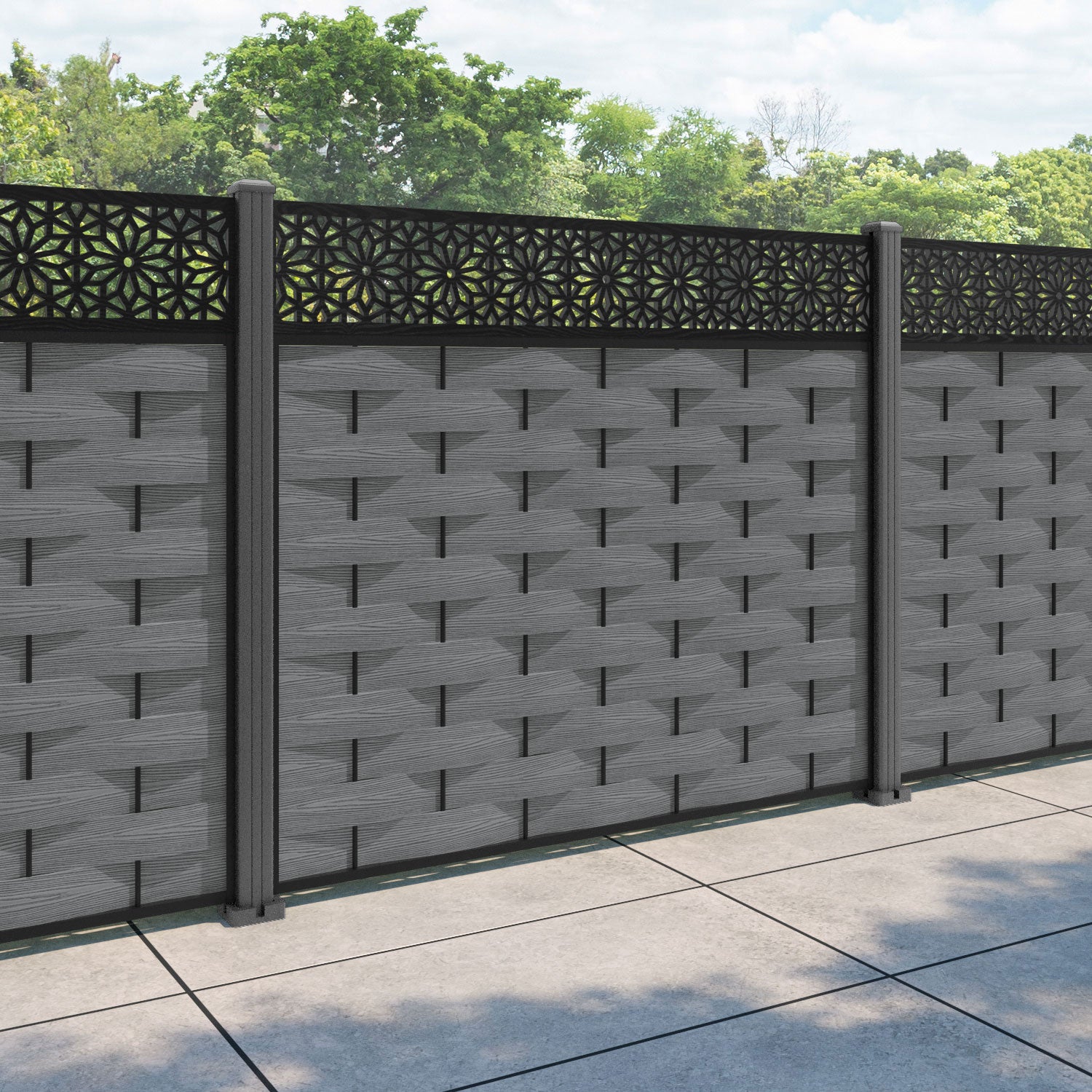 Ripple Narwa Fence Panel - Mid Grey - with our aluminium posts