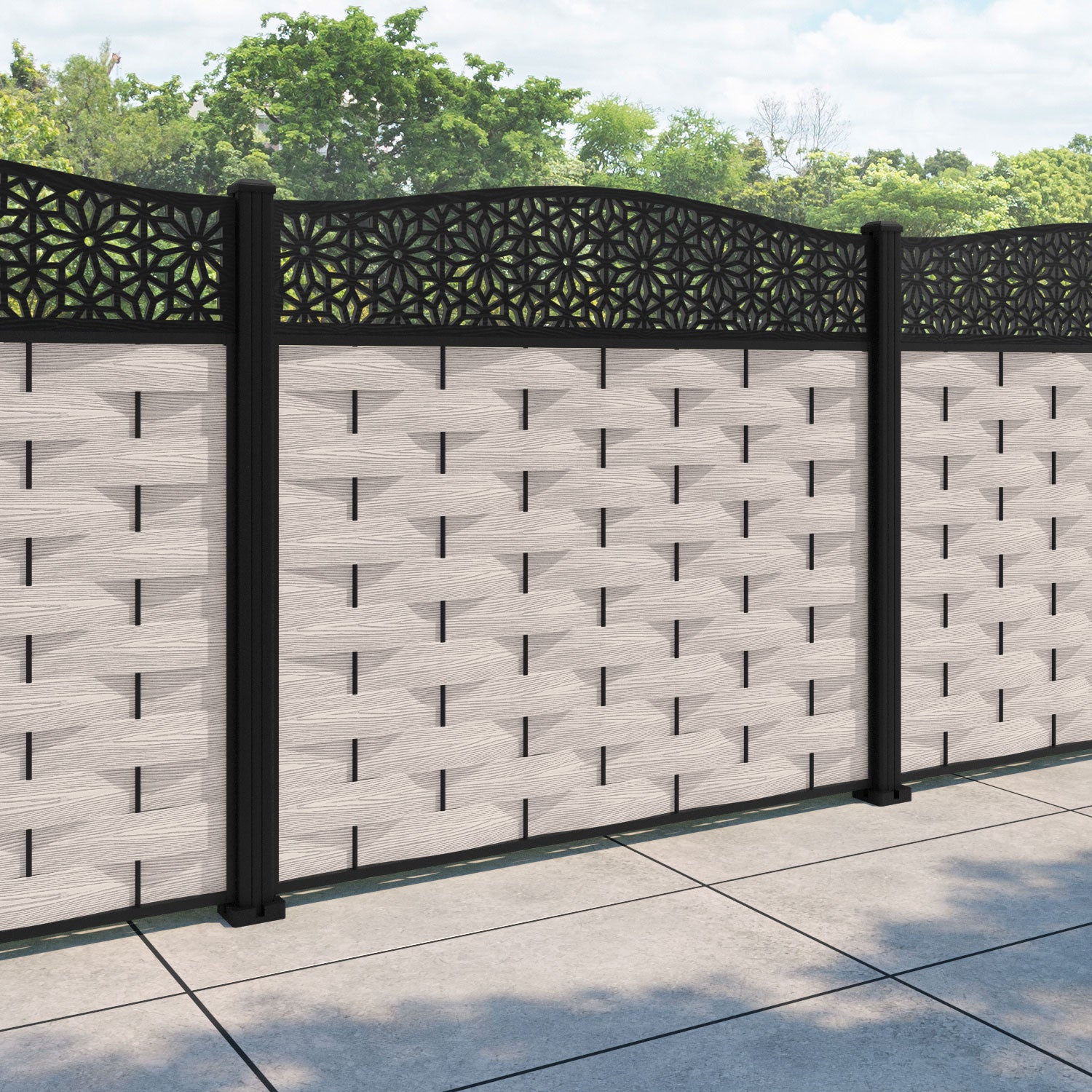 Ripple Narwa Curved Top Fence Panel - Mid Stone - with our aluminium posts