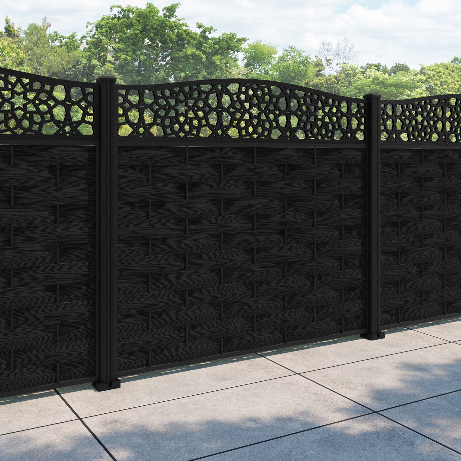Ripple Nazira Curved Top Fence Panel - Black - with our aluminium posts