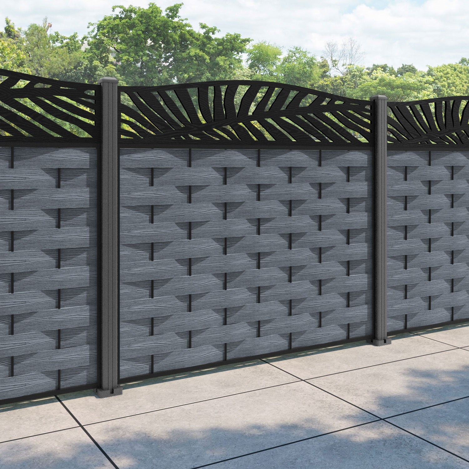 Ripple Palm Curved Top Fence Panel - Anthracite - with our aluminium posts