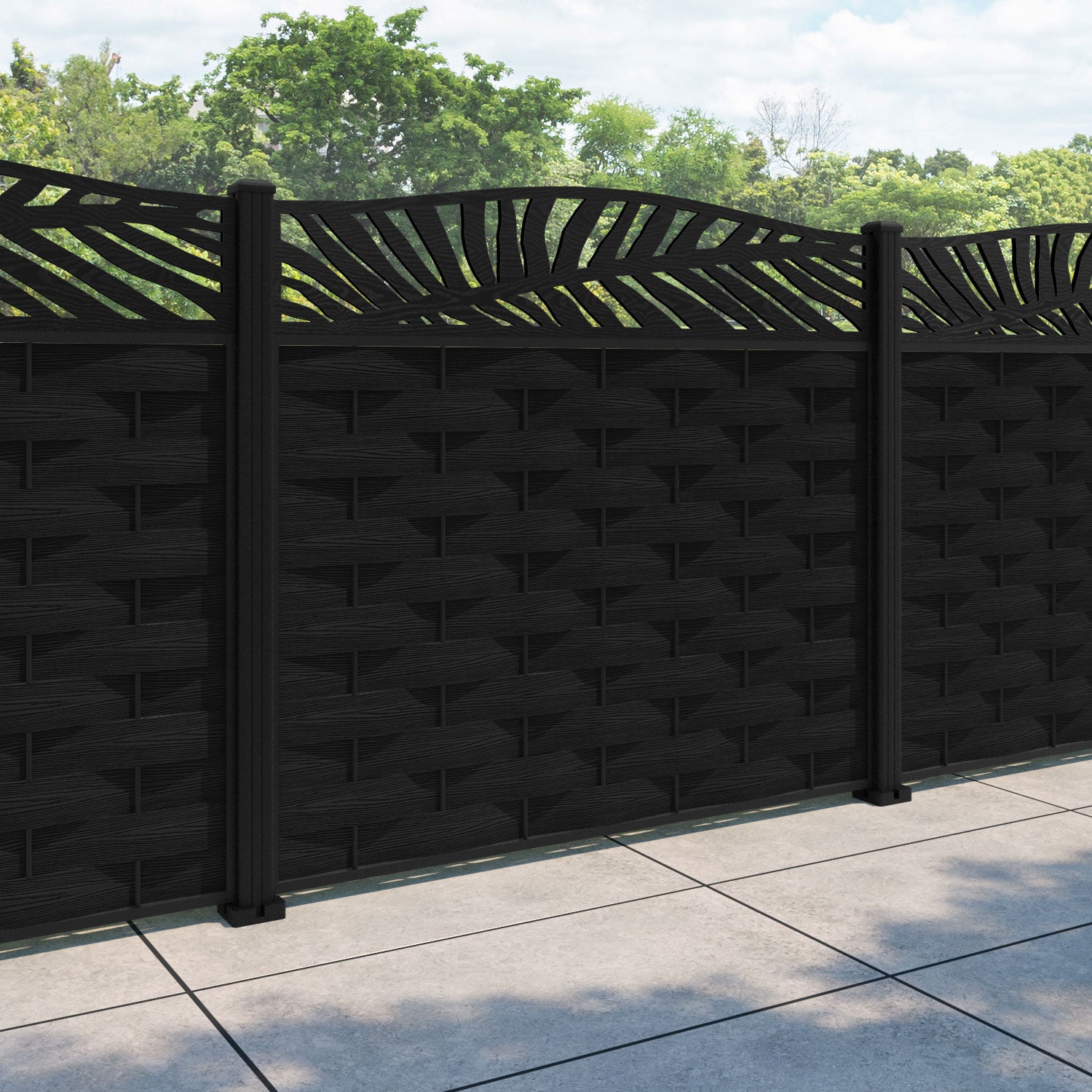 Ripple Palm Curved Top Fence Panel - Black - with our aluminium posts