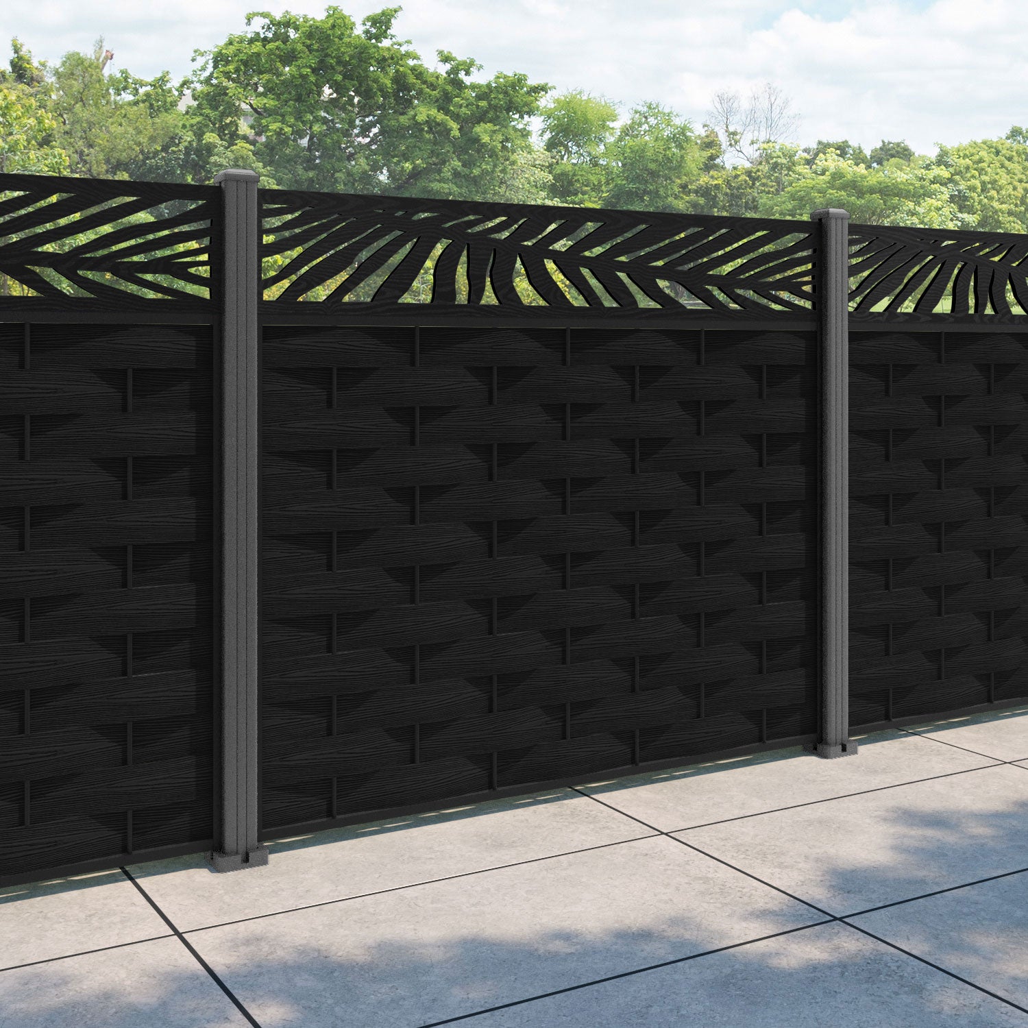 Ripple Palm Fence Panel - Black - with our aluminium posts