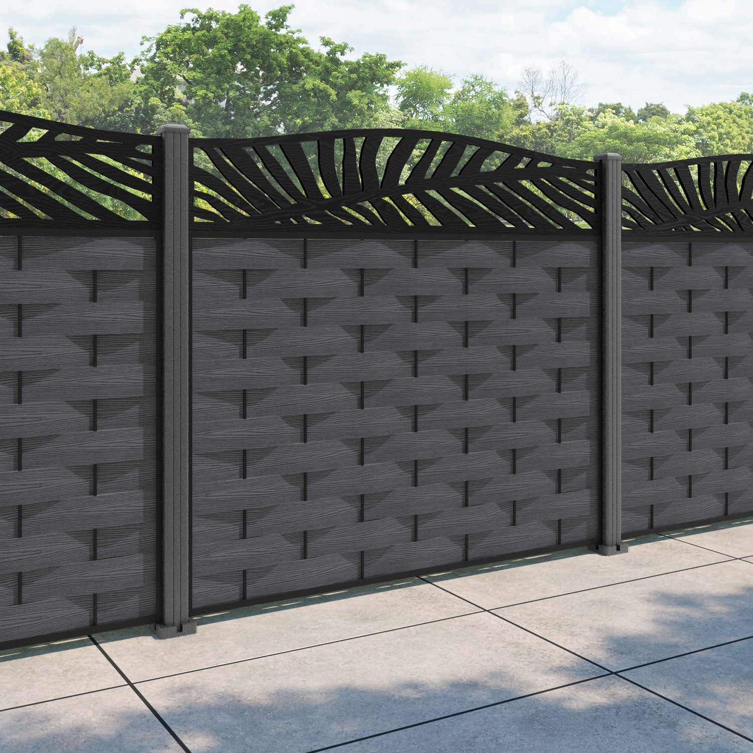 Ripple Palm Curved Top Fence Panel - Dark Grey - with our aluminium posts