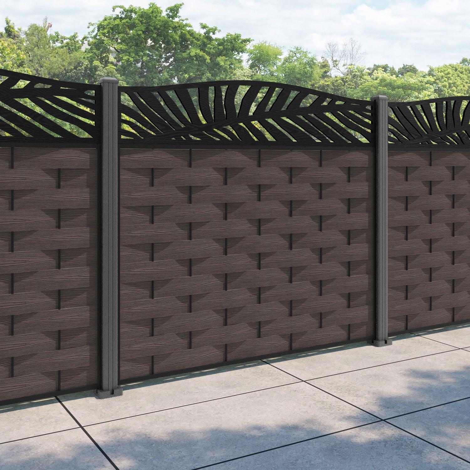 Ripple Palm Curved Top Fence Panel - Mid Brown - with our aluminium posts
