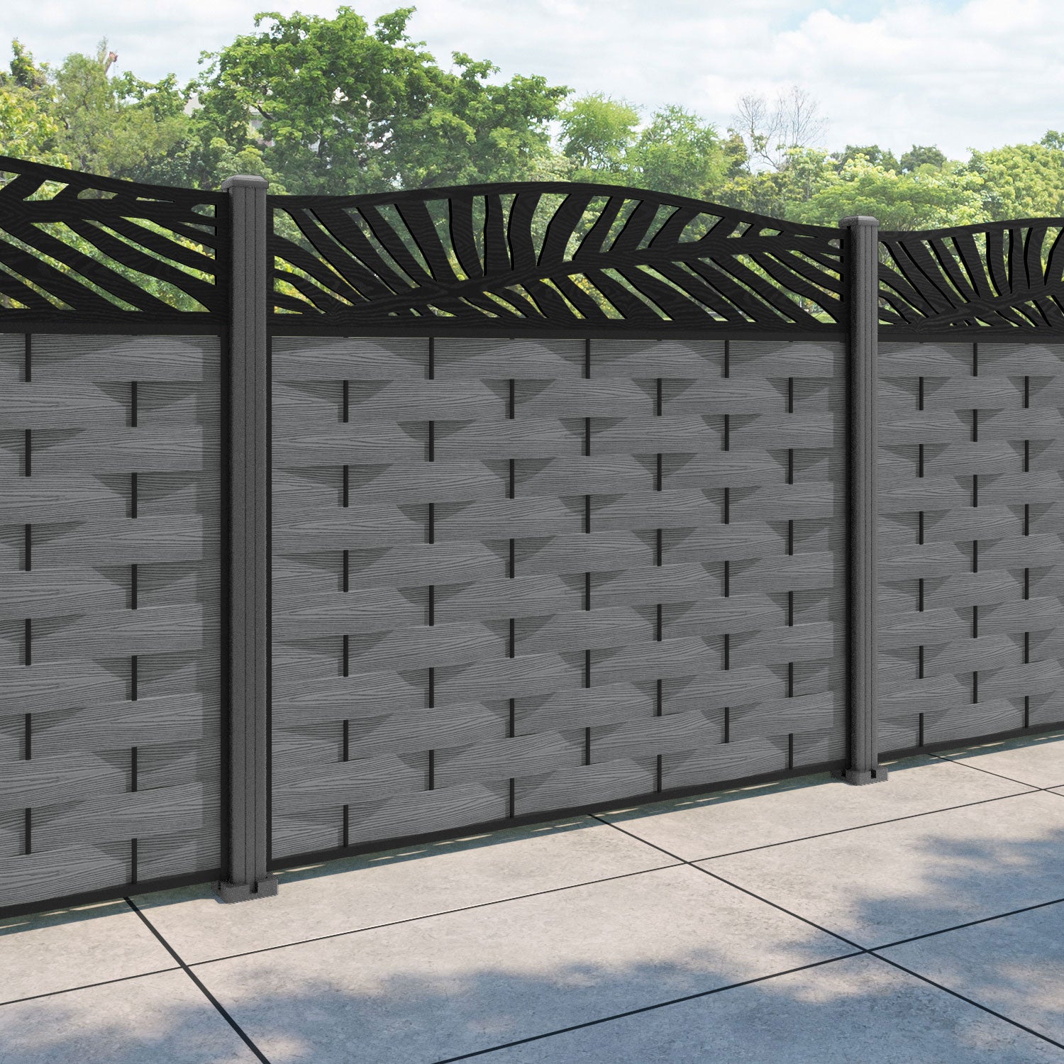 Ripple Palm Curved Top Fence Panel - Mid Grey - with our aluminium posts