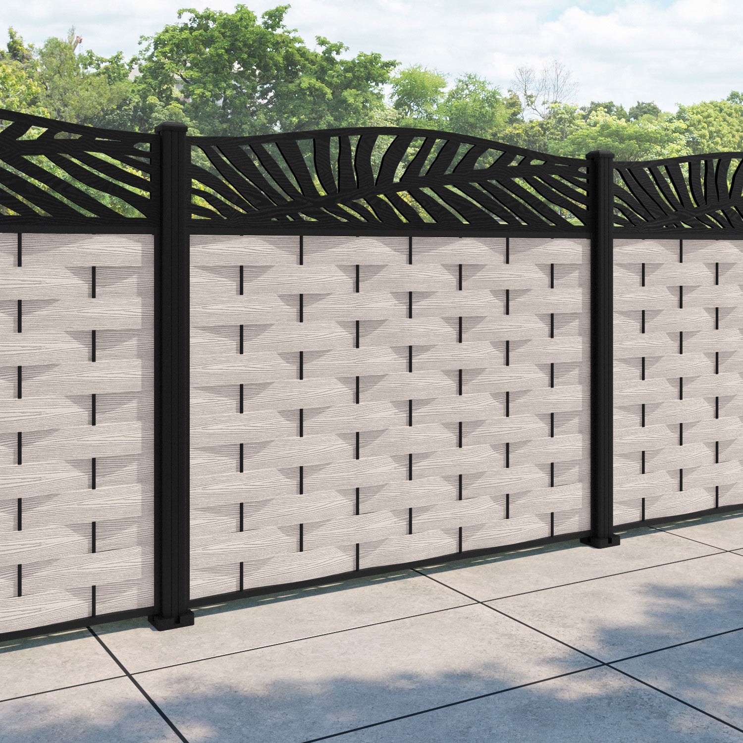 Ripple Palm Curved Top Fence Panel - Mid Stone - with our aluminium posts