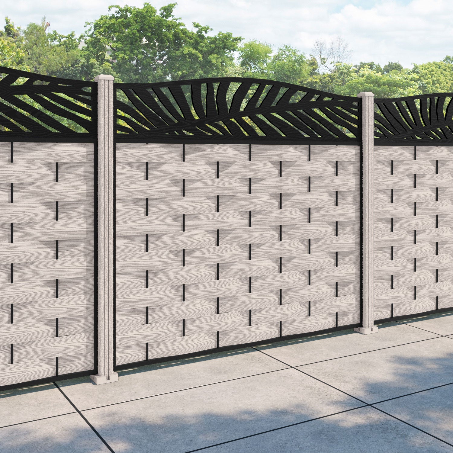 Ripple Palm Curved Top Fence Panel - Mid Stone - with our composite posts