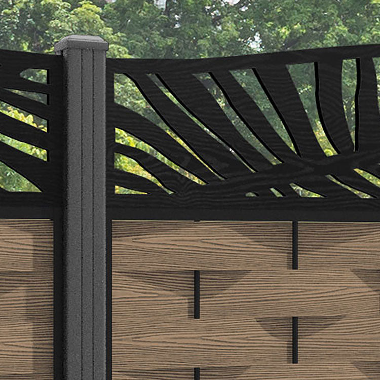 Ripple Palm Curved Top Fence Panel - Teak - with our aluminium posts