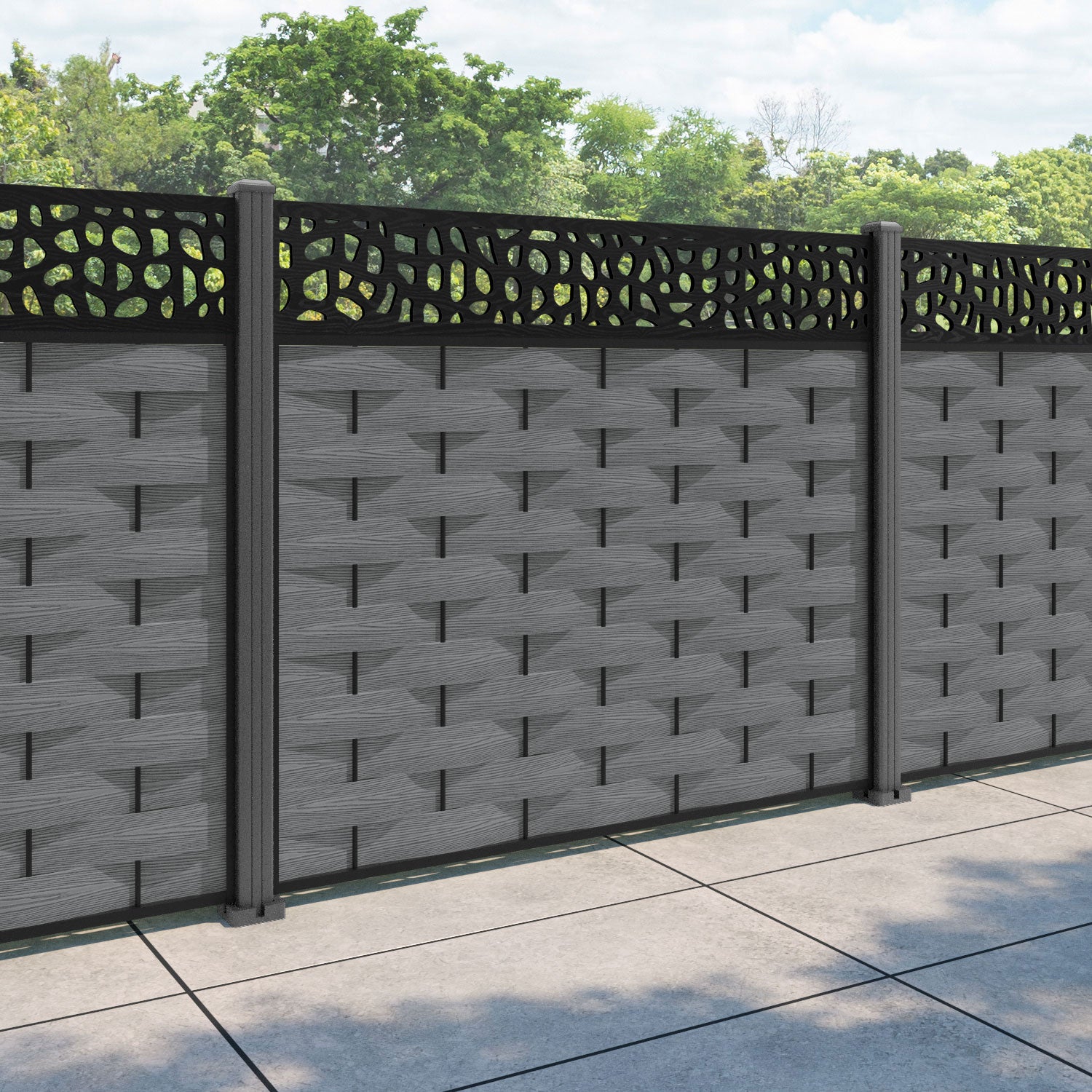 Ripple Pebble Fence Panel - Mid Grey - with our aluminium posts