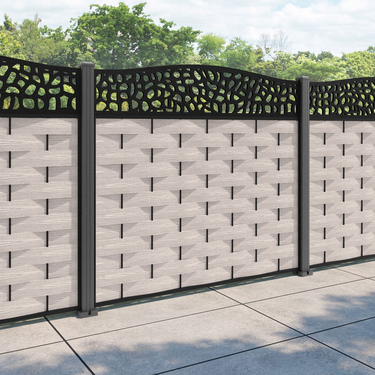 Ripple Pebble Curved Top Fence Panel - Mid Stone - with our aluminium posts