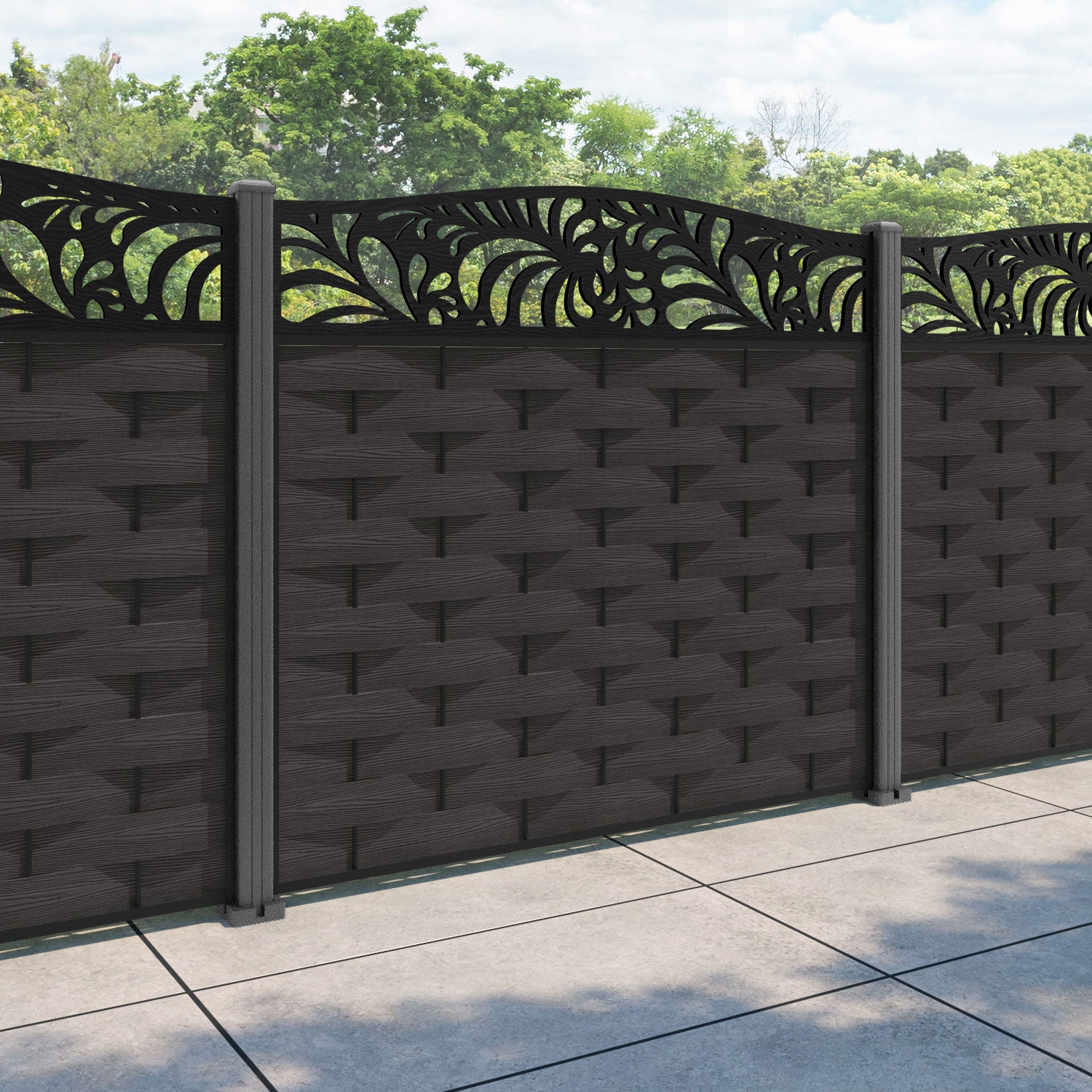 Ripple Petal Curved Top Fence Panel - Dark Oak - with our aluminium posts