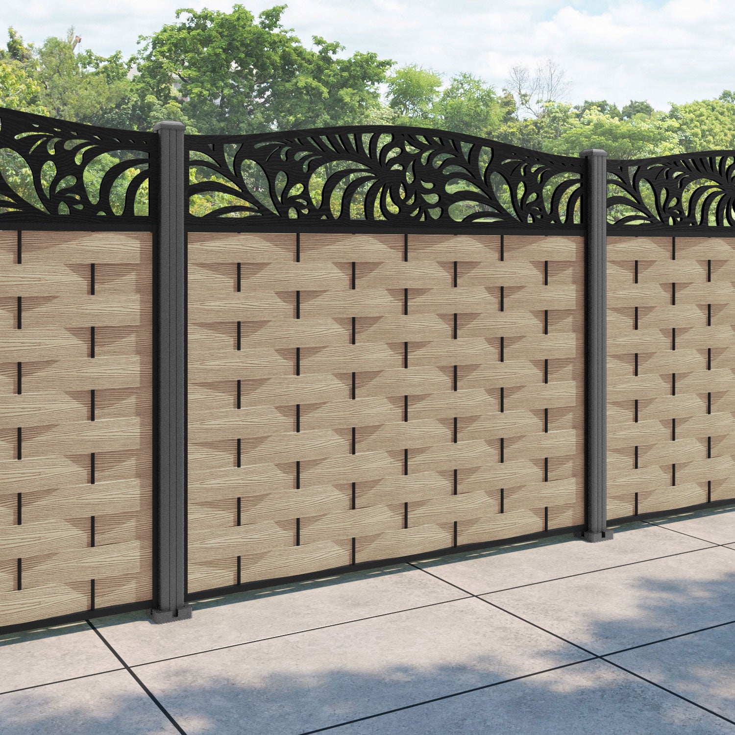 Ripple Petal Curved Top Fence Panel - Light Oak - with our aluminium posts