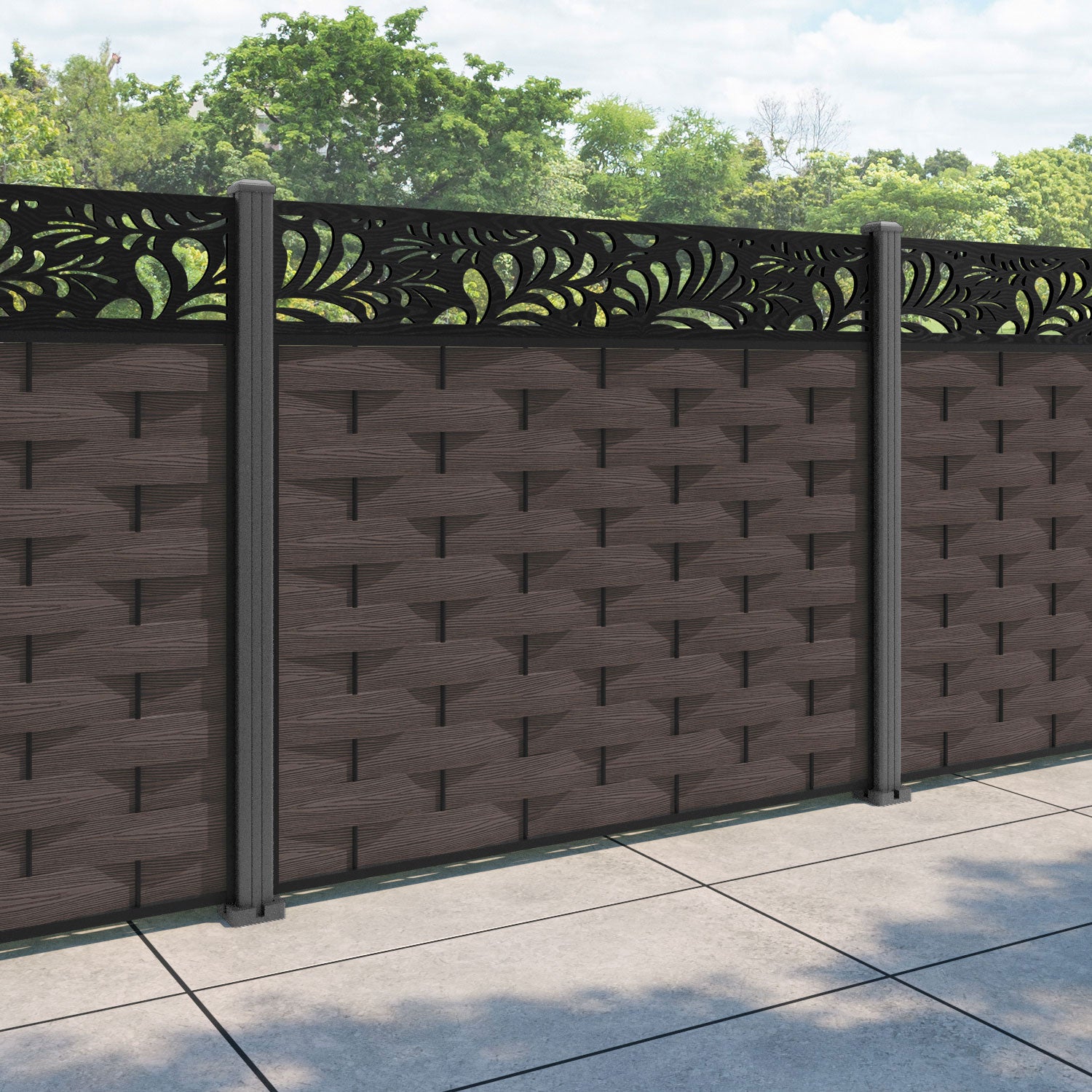 Ripple Petal Fence Panel - Mid Brown - with our aluminium posts