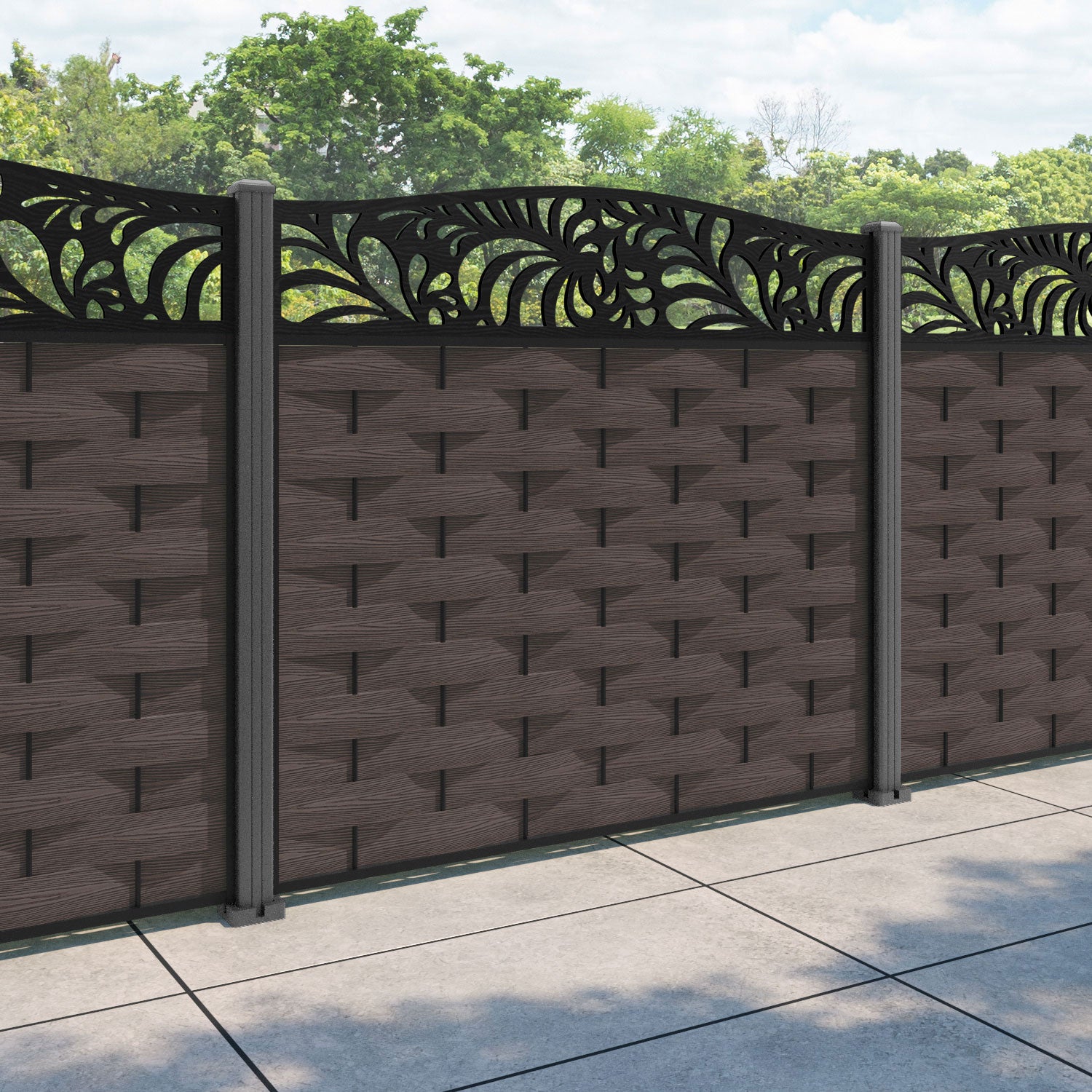 Ripple Petal Curved Top Fence Panel - Mid Brown - with our aluminium posts