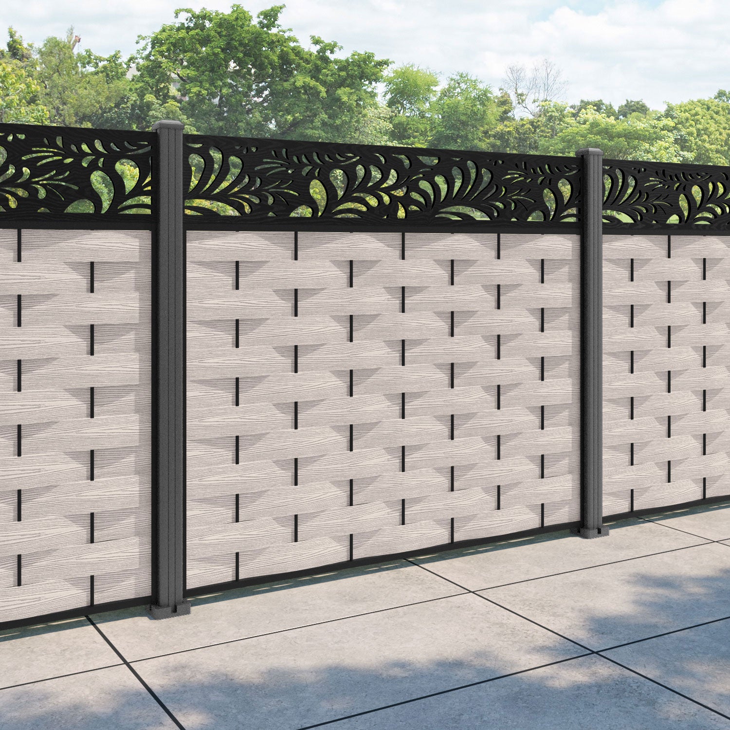 Ripple Petal Fence Panel - Mid Stone - with our aluminium posts