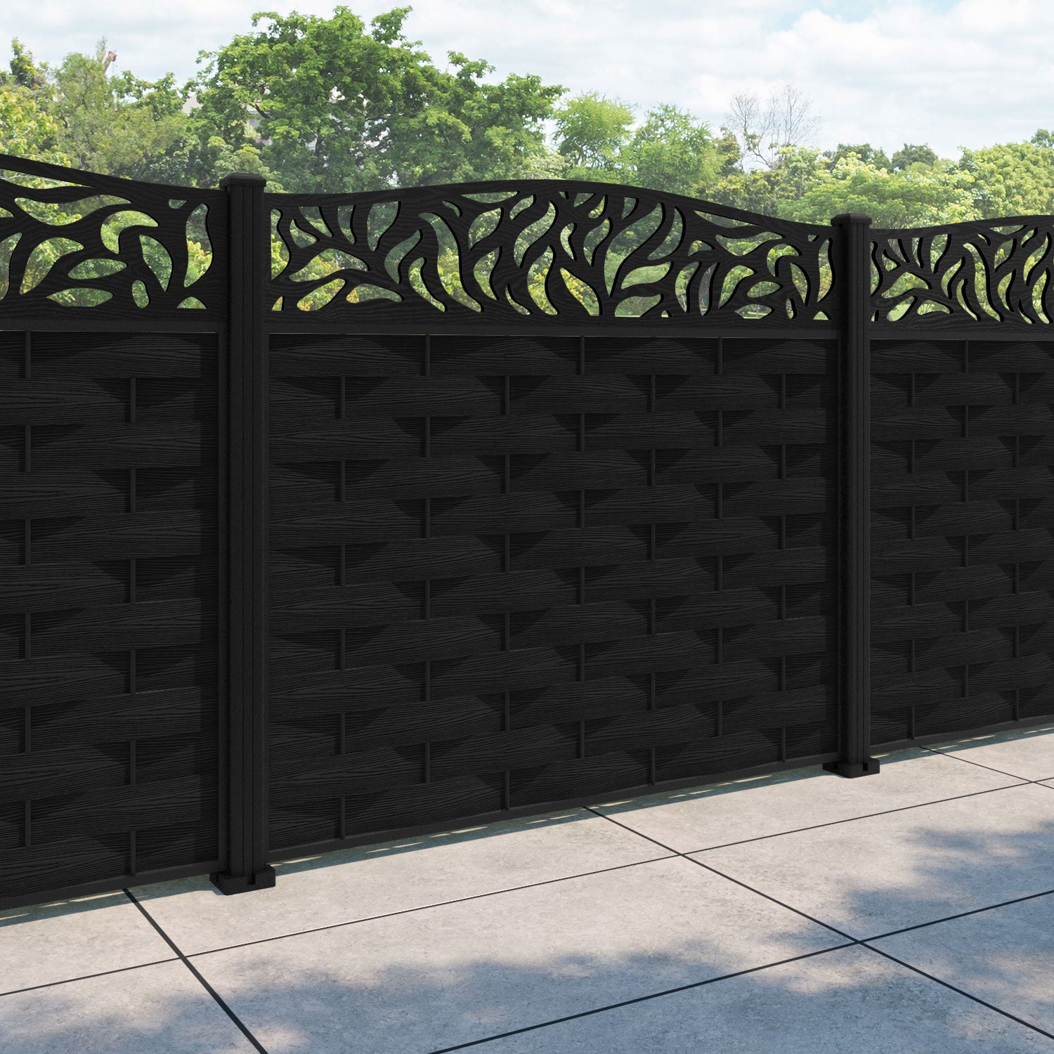Ripple Plume Curved Top Fence Panel - Black - with our aluminium posts
