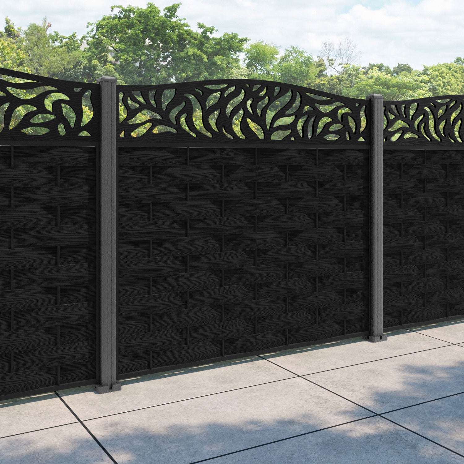 Ripple Plume Curved Top Fence Panel - Black - with our aluminium posts