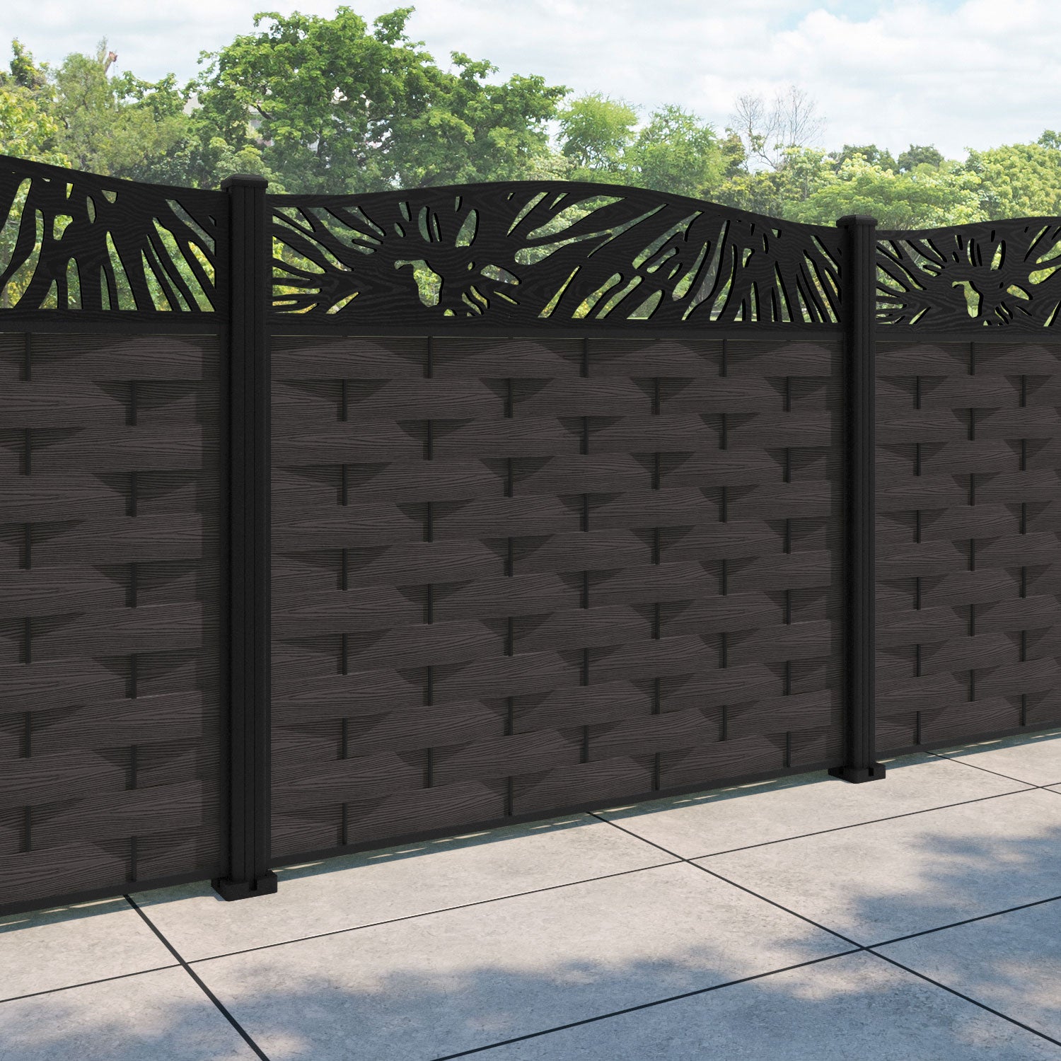 Ripple Poppy Curved Top Fence Panel - Dark Oak - with our aluminium posts