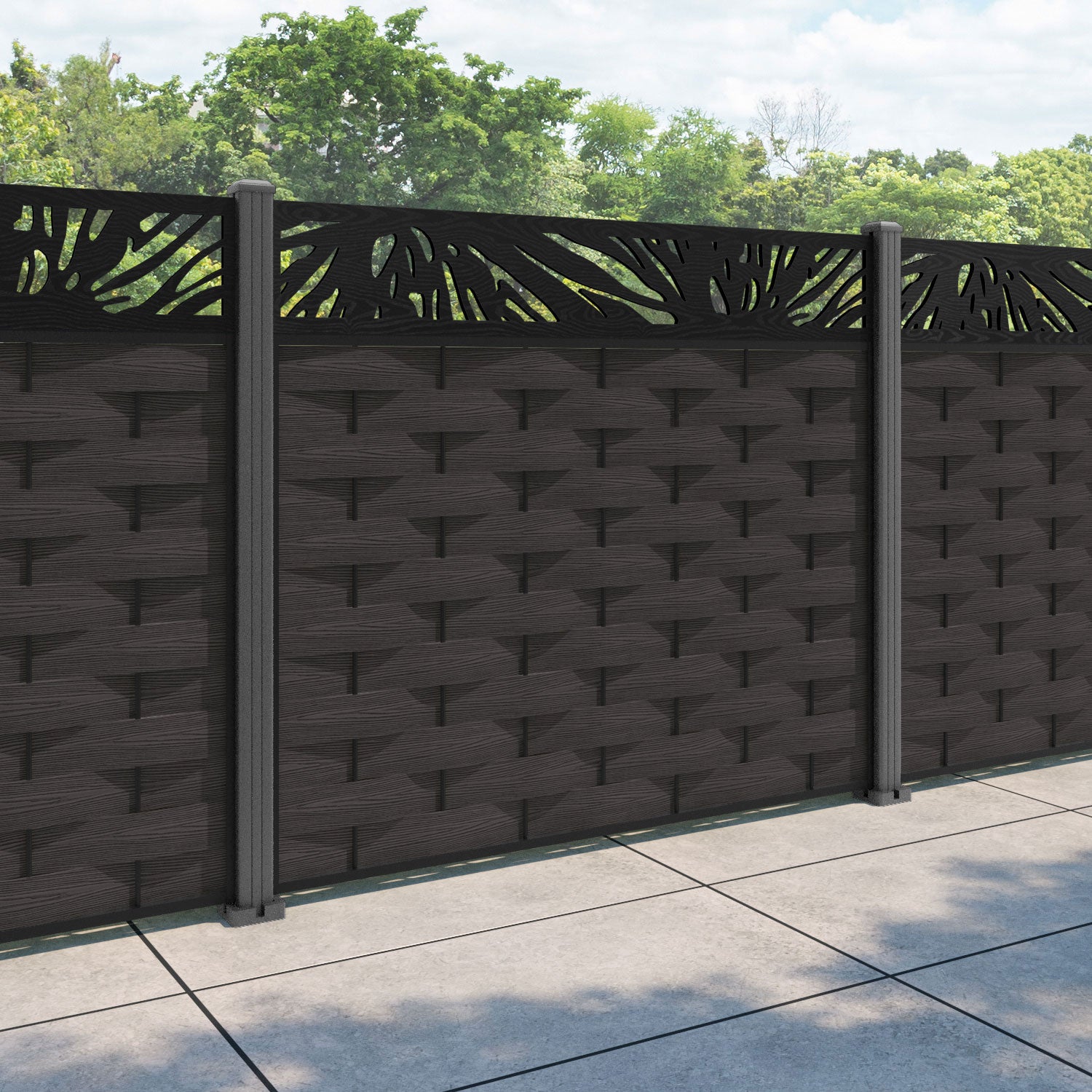 Ripple Poppy Fence Panel - Dark Oak - with our aluminium posts