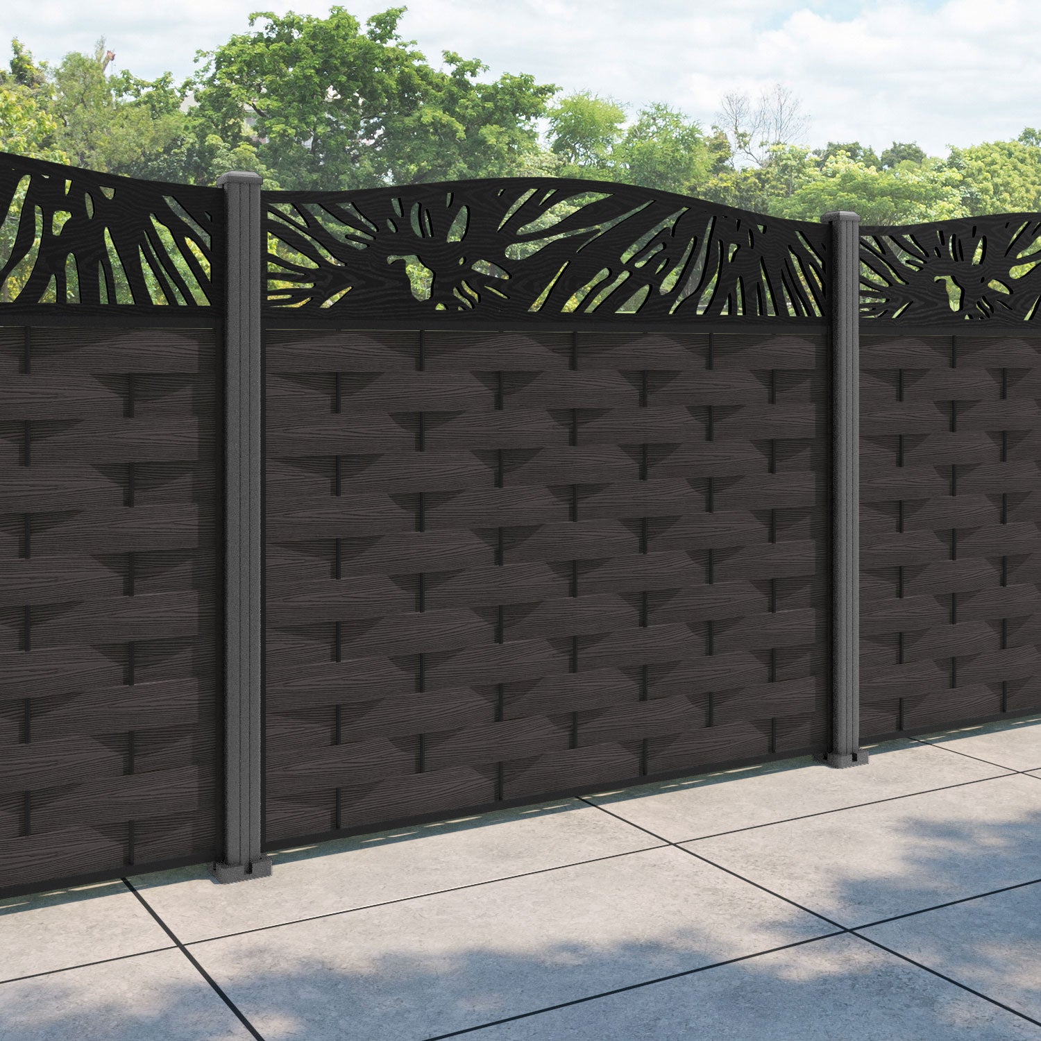 Ripple Poppy Curved Top Fence Panel - Dark Oak - with our aluminium posts