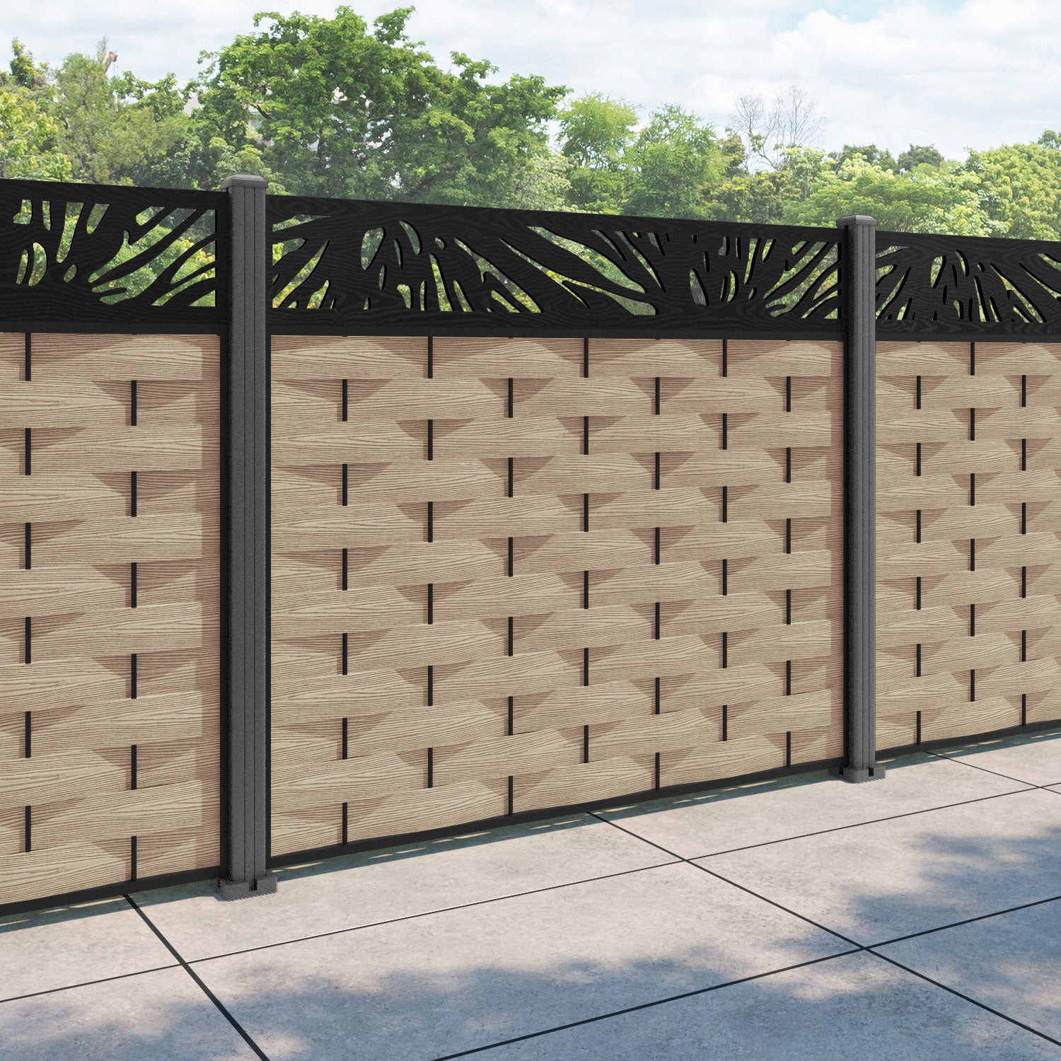 Ripple Poppy Fence Panel - Light Oak - with our aluminium posts