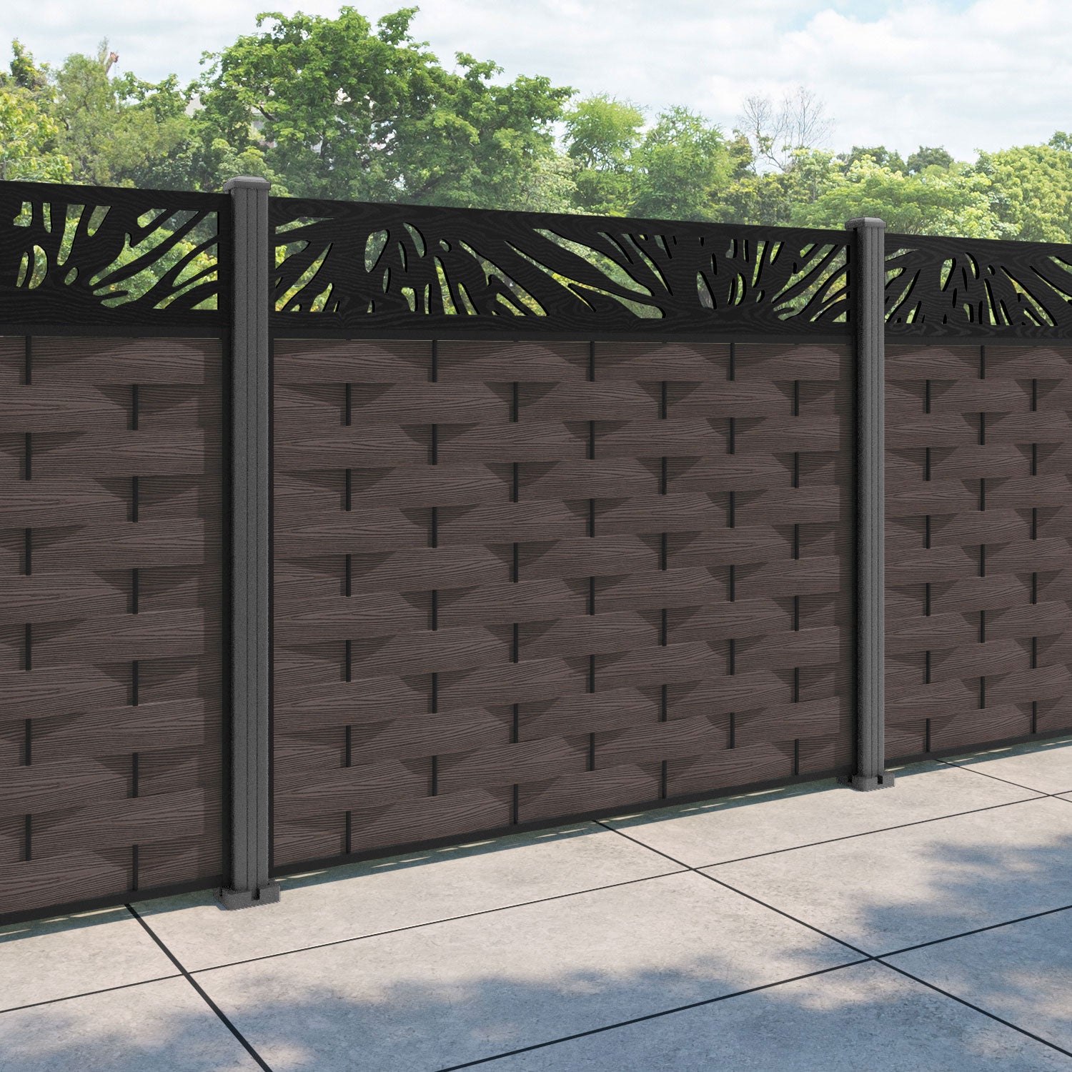 Ripple Poppy Fence Panel - Mid Brown - with our aluminium posts