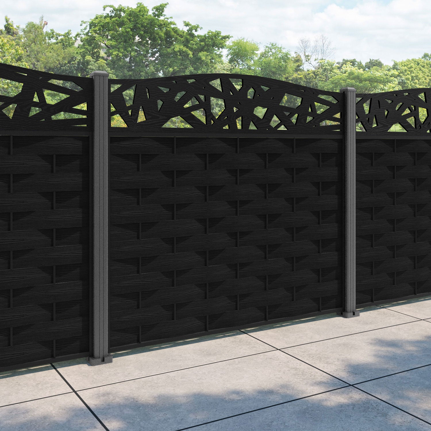Ripple Prism Curved Top Fence Panel - Black - with our aluminium posts