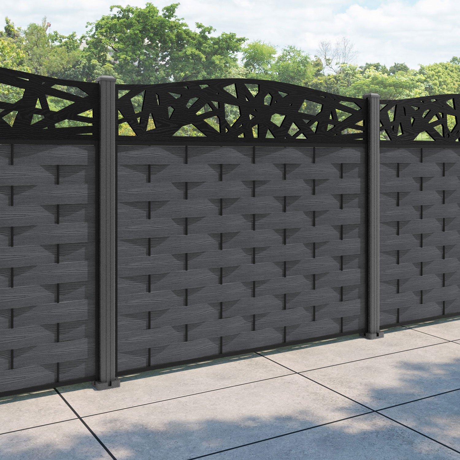 Ripple Prism Curved Top Fence Panel - Dark Grey - with our aluminium posts