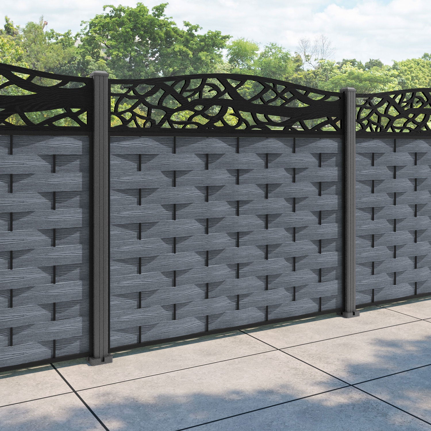 Ripple Twilight Curved Top Fence Panel - Anthracite - with our aluminium posts