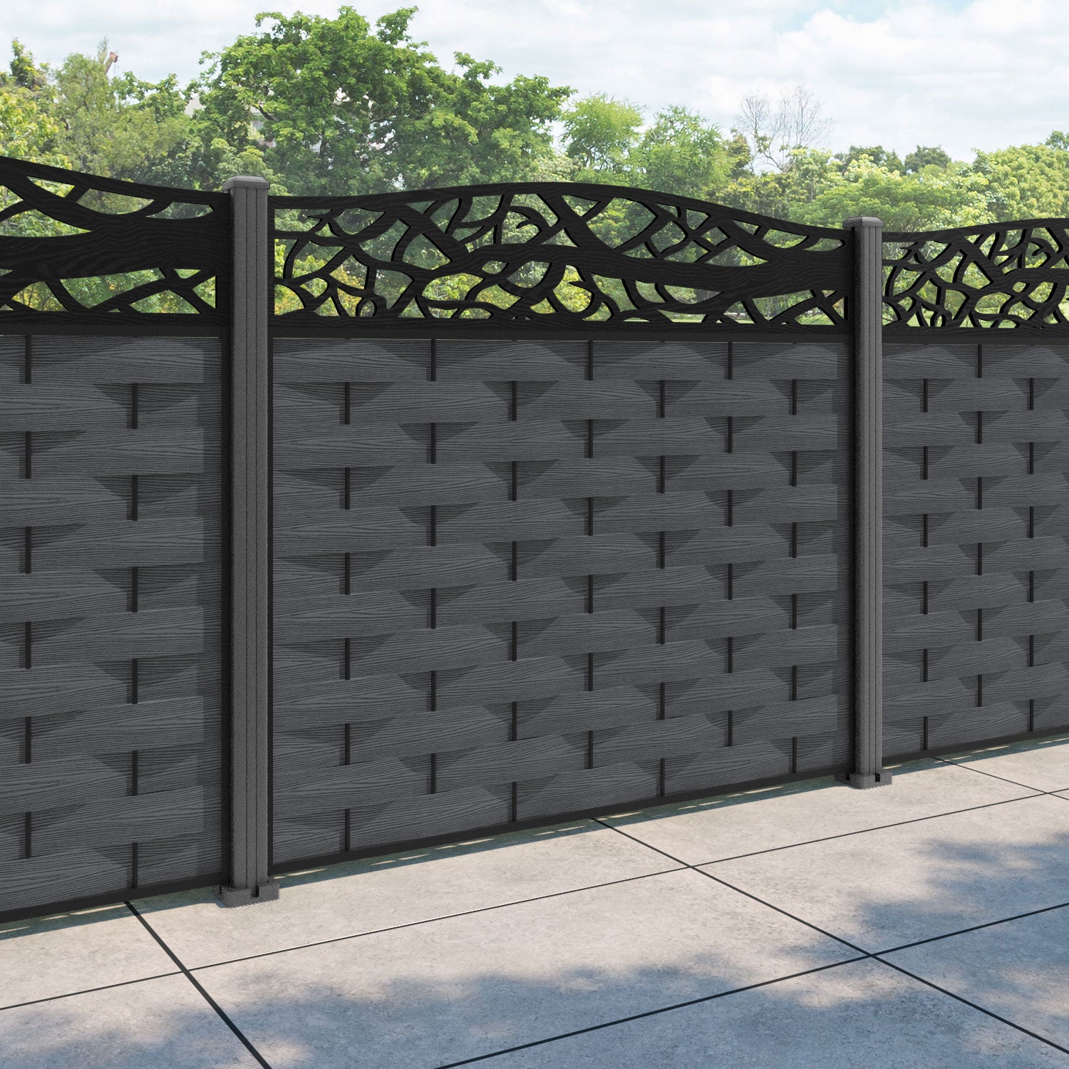 Ripple Twilight Curved Top Fence Panel - Dark Grey - with our aluminium posts