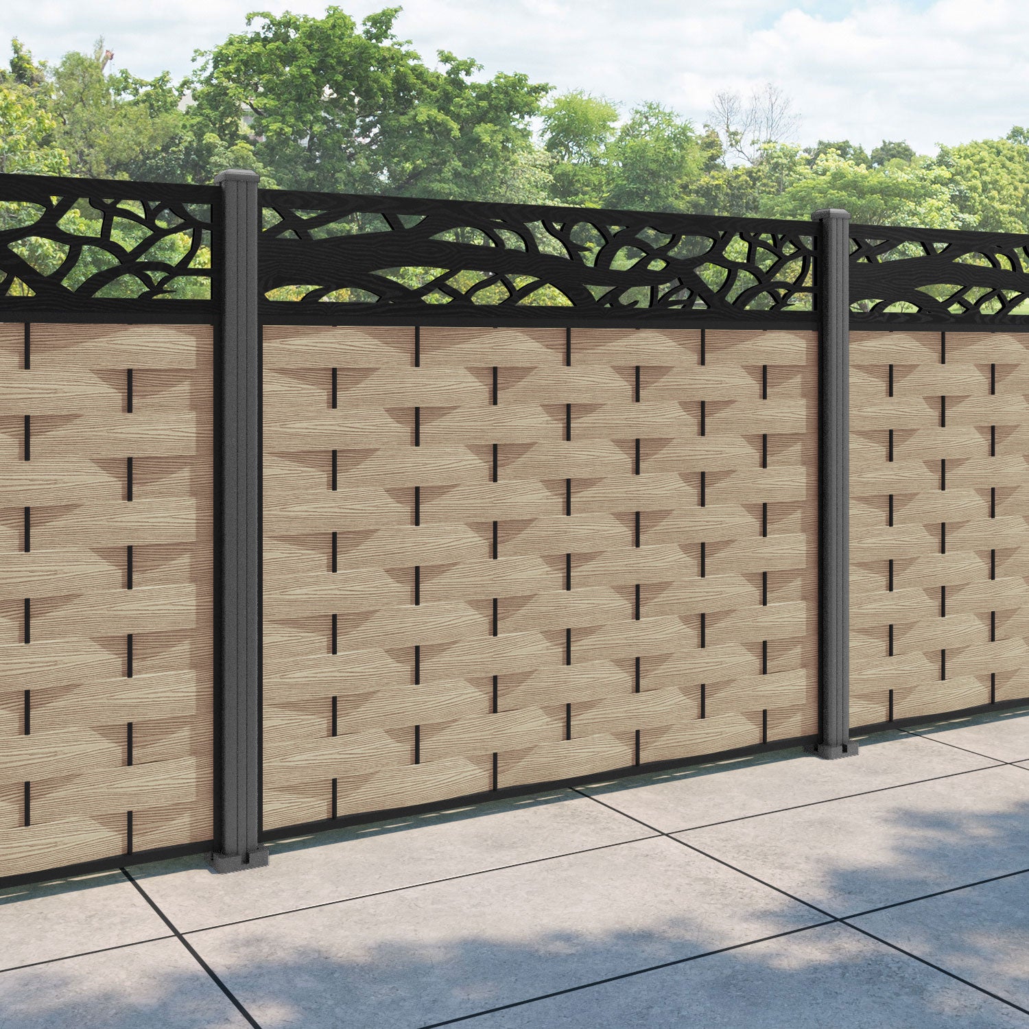 Ripple Twilight Fence Panel - Light Oak - with our aluminium posts