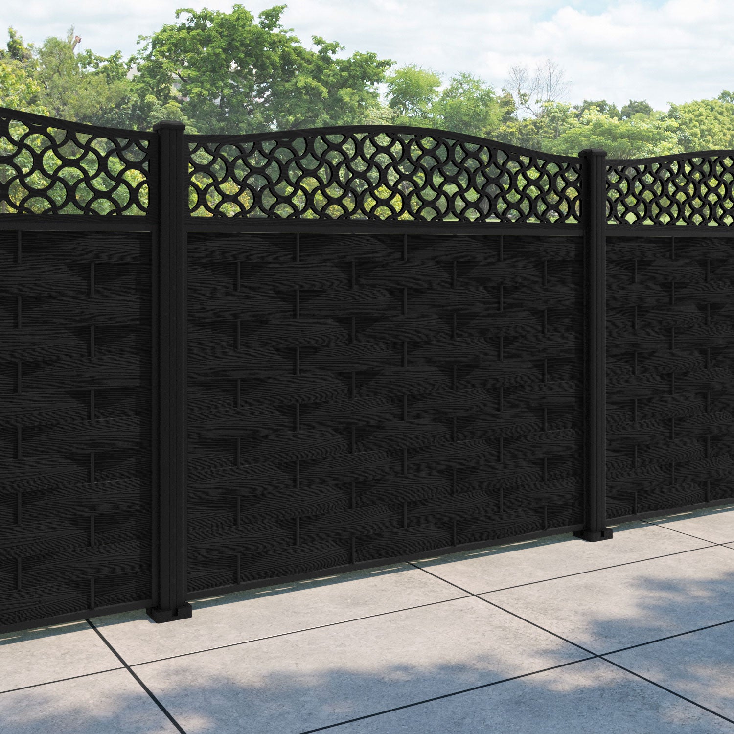 Ripple Vida Curved Top Fence Panel - Black - with our aluminium posts