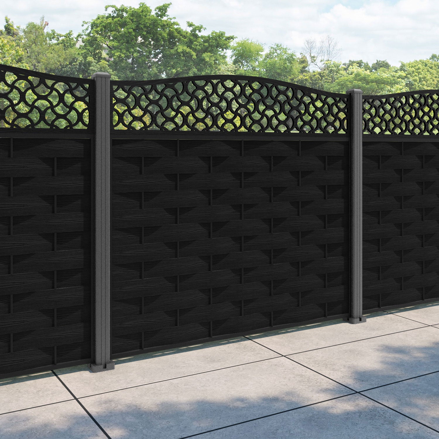 Ripple Vida Curved Top Fence Panel - Black - with our aluminium posts