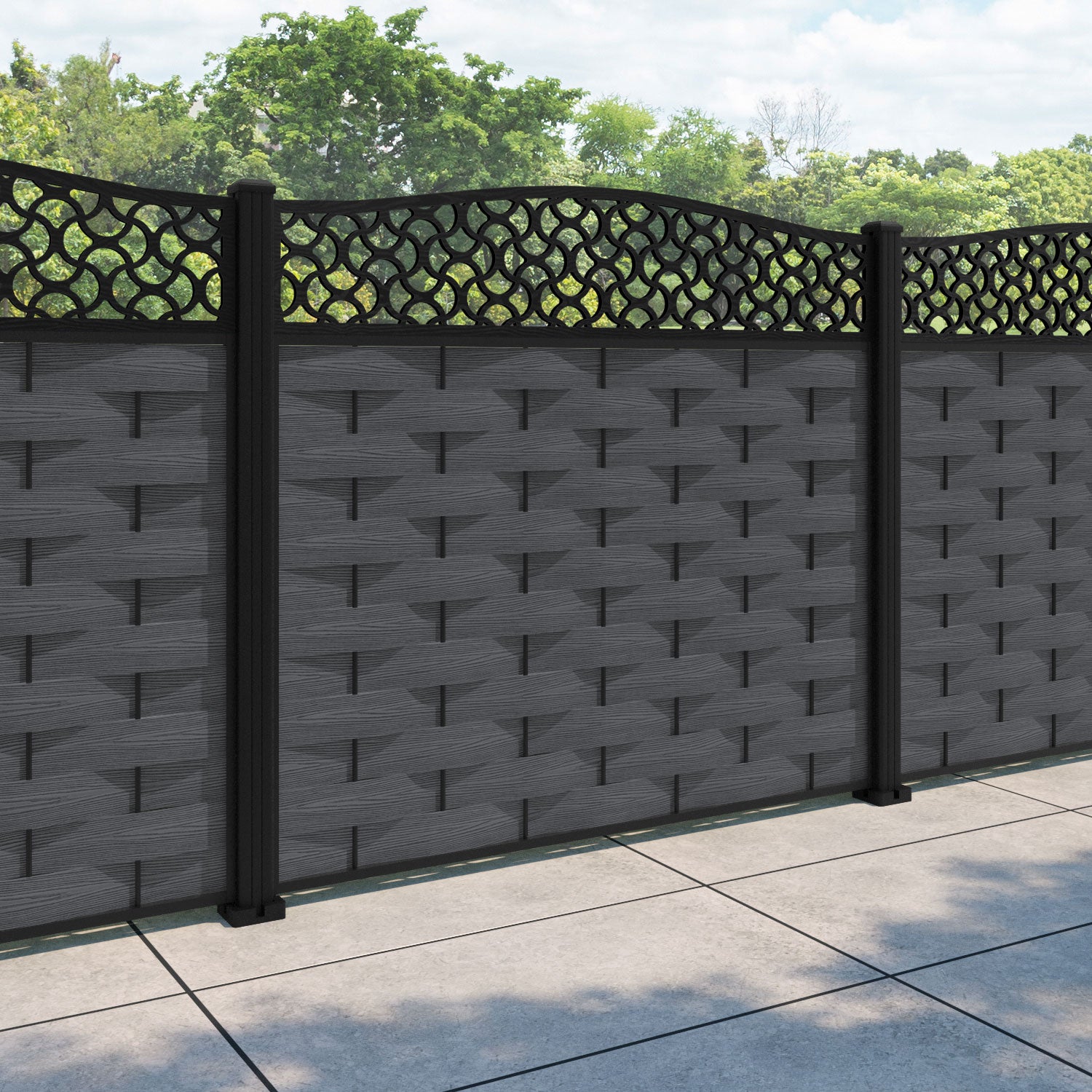 Ripple Vida Curved Top Fence Panel - Dark Grey - with our aluminium posts