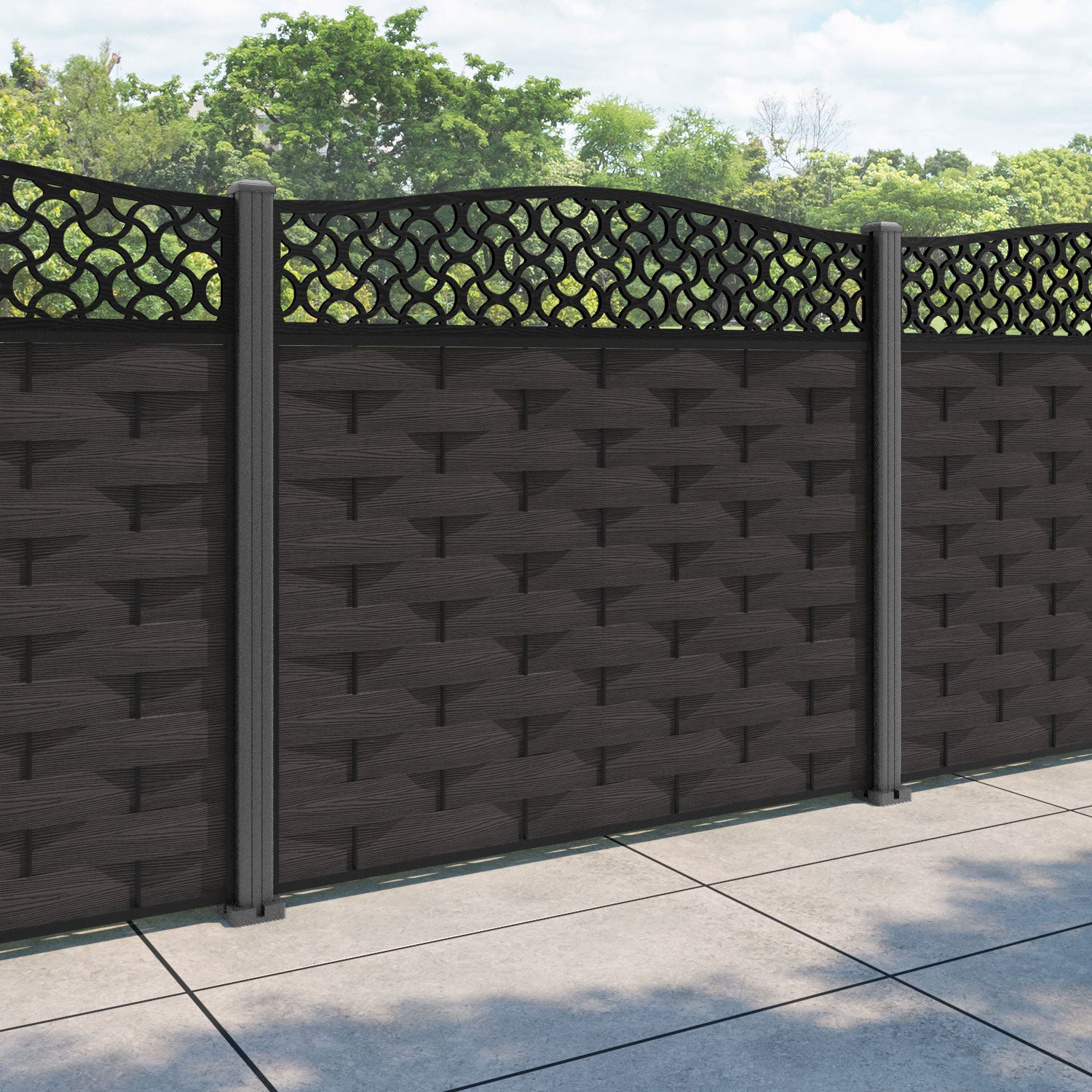 Ripple Vida Curved Top Fence Panel - Dark Oak - with our aluminium posts