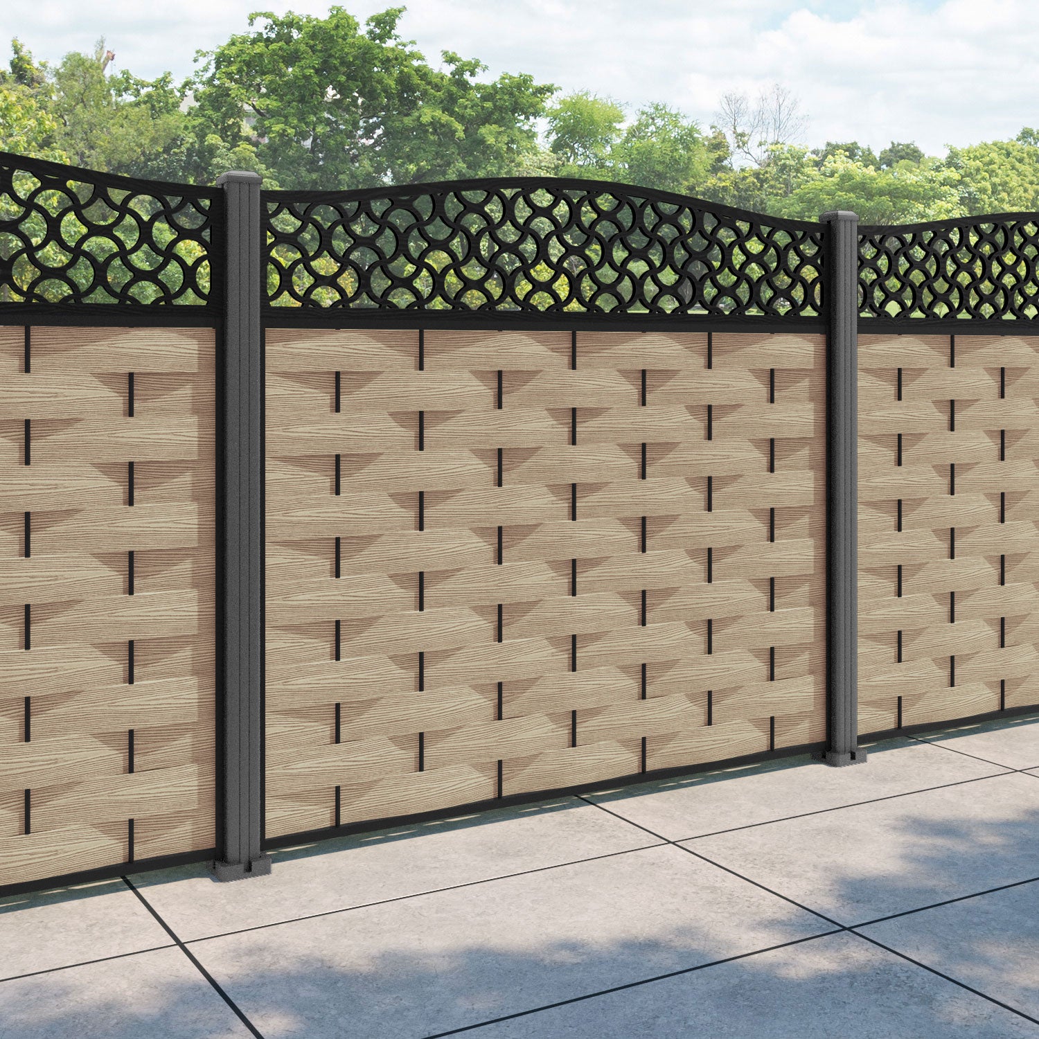 Ripple Vida Curved Top Fence Panel - Light Oak - with our aluminium posts