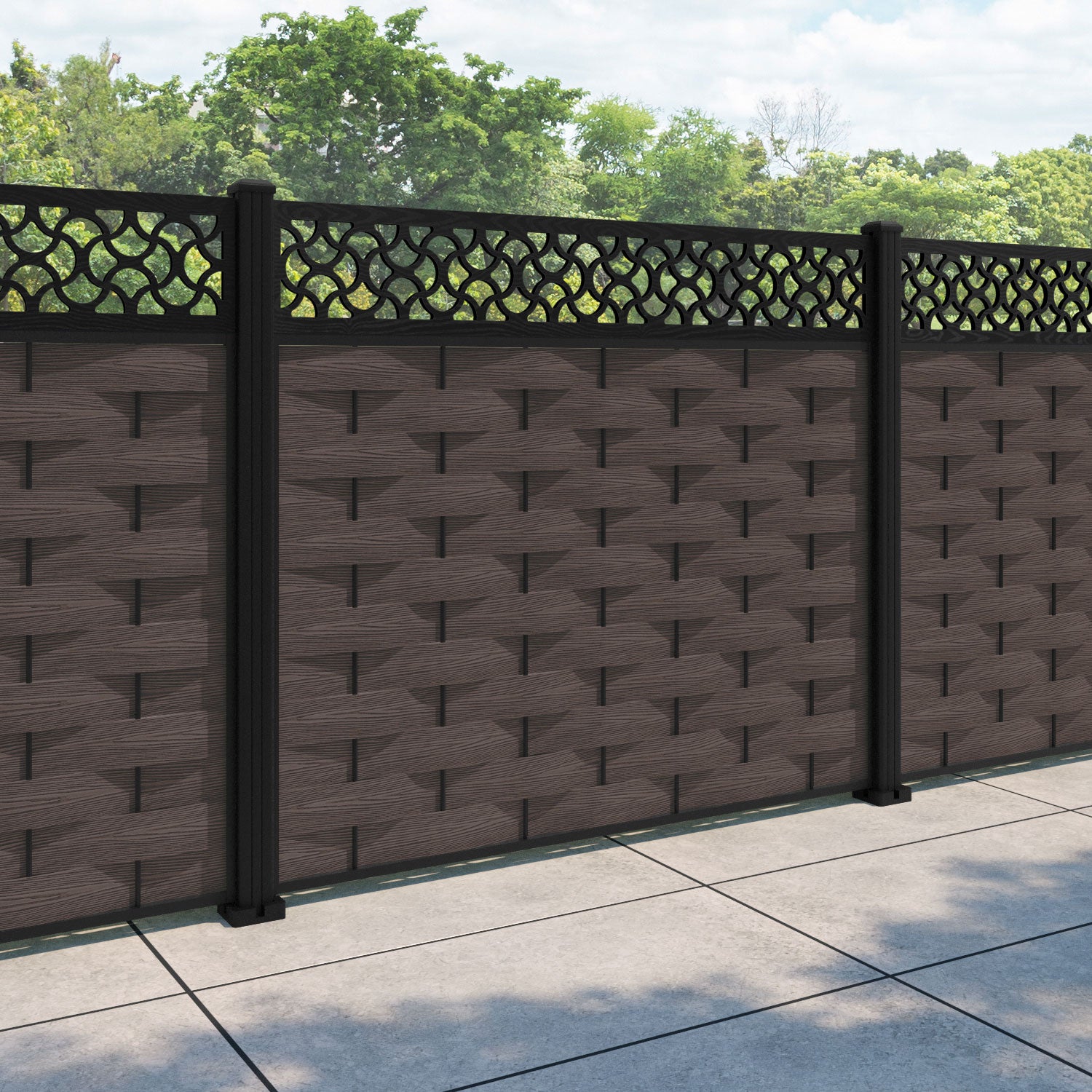 Ripple Vida Fence Panel - Mid Brown - with our aluminium posts