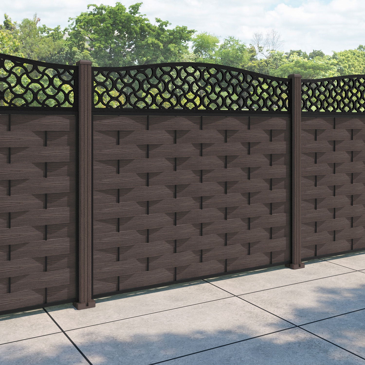 Ripple Vida Curved Top Fence Panel - Mid Brown - with our composite posts