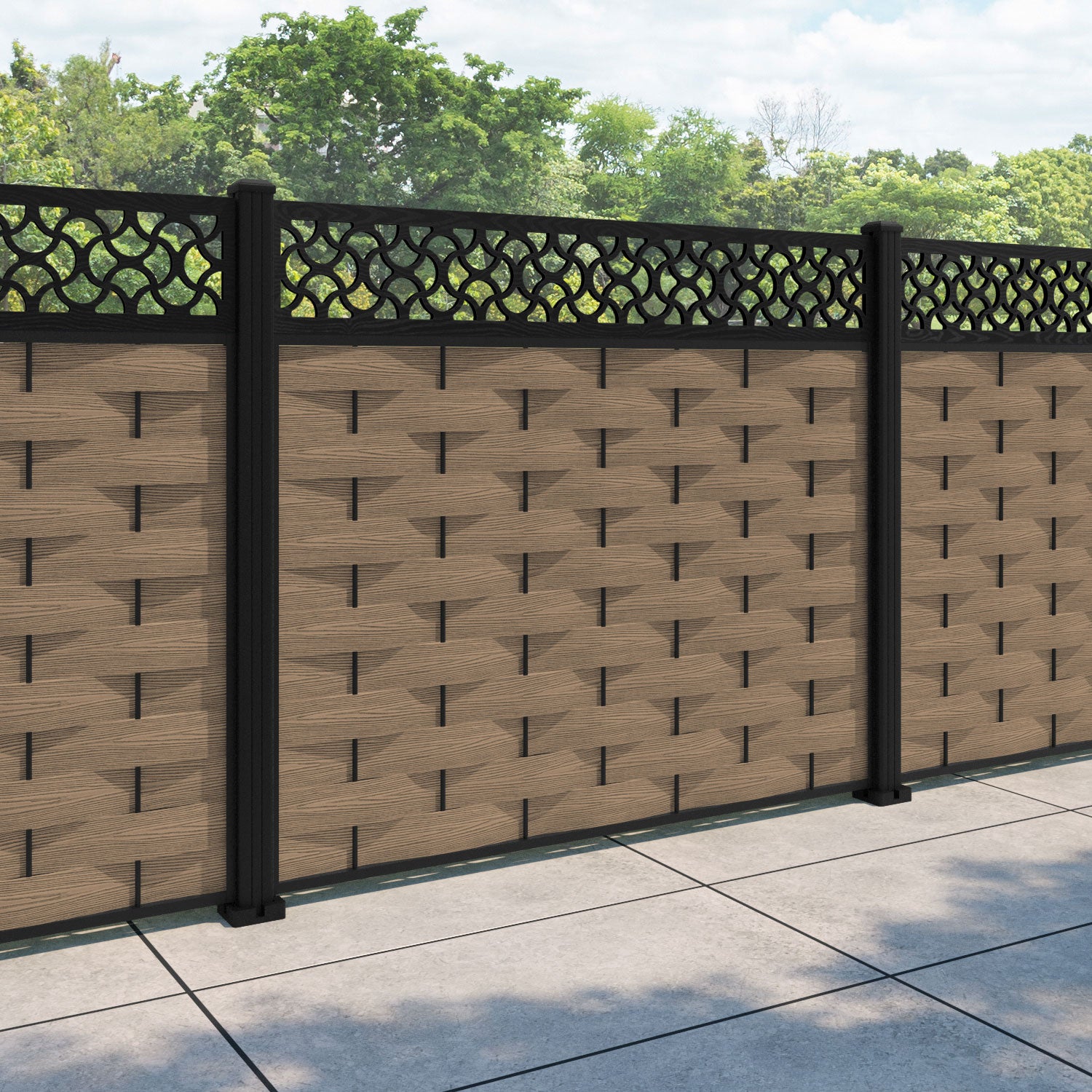 Ripple Vida Fence Panel - Teak - with our aluminium posts