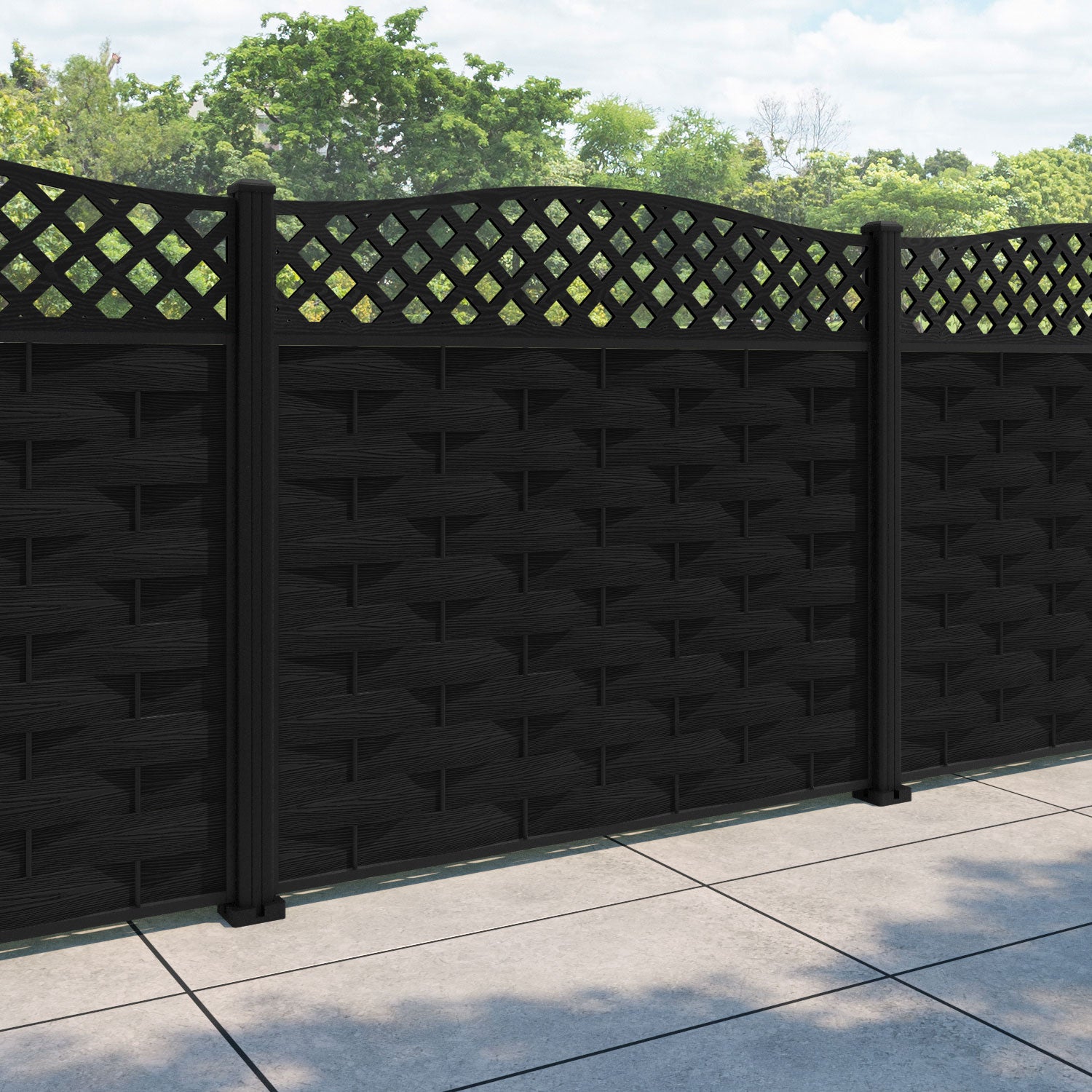 Ripple High Wave Curved Top Fence Panel - Black - with our aluminium posts