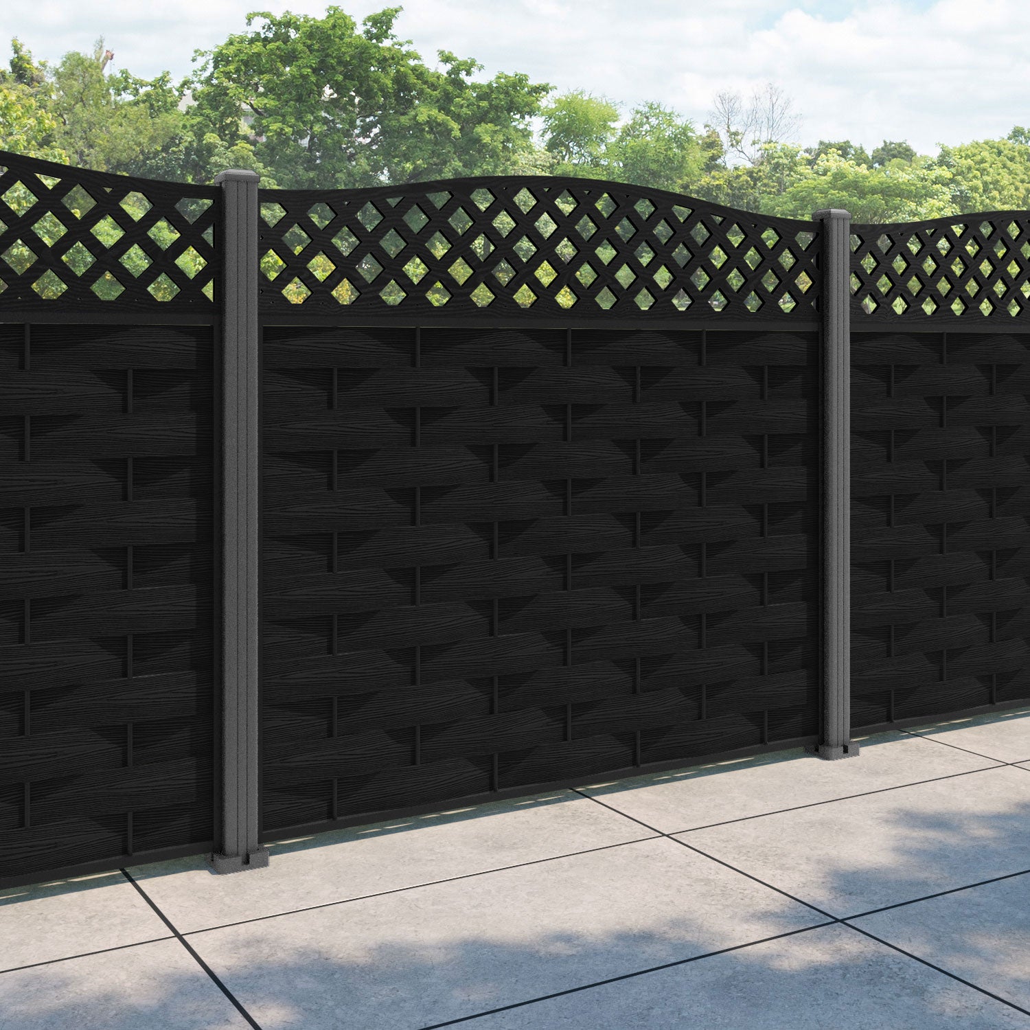 Ripple High Wave Curved Top Fence Panel - Black - with our aluminium posts