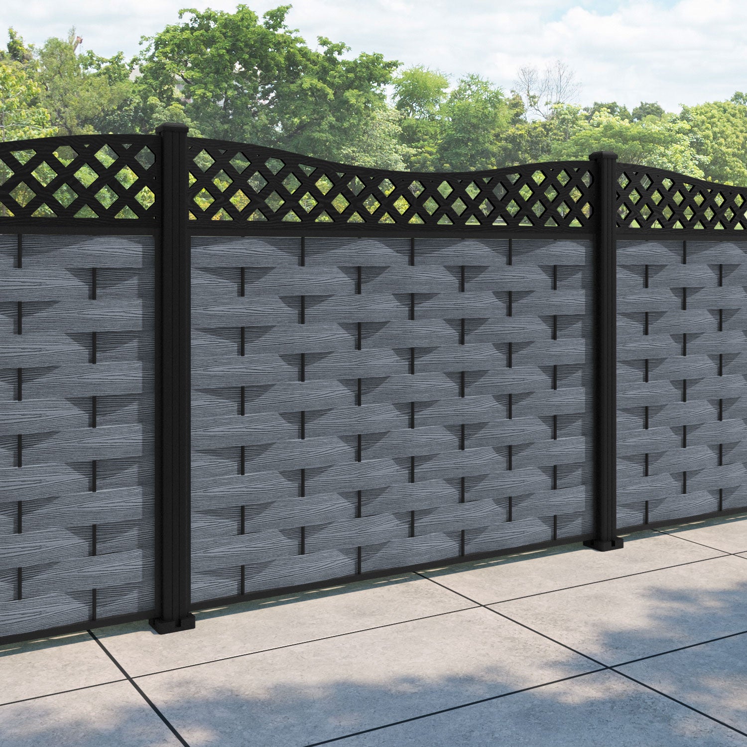 Ripple Low Wave Curved Top Fence Panel - Anthracite - with our aluminium posts