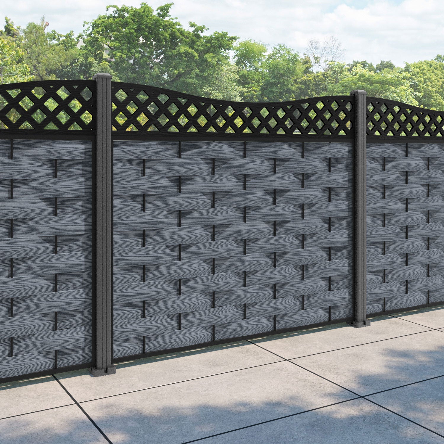 Ripple Low Wave Curved Top Fence Panel - Anthracite - with our aluminium posts