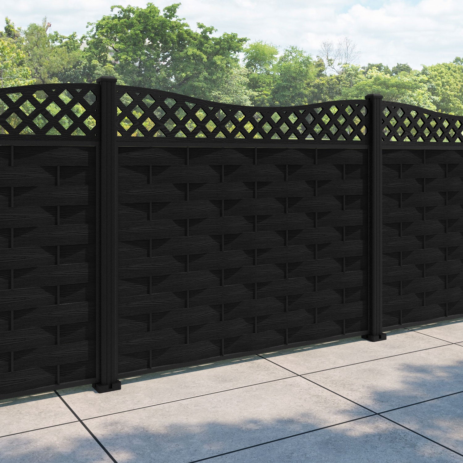 Ripple Low Wave Curved Top Fence Panel - Black - with our aluminium posts