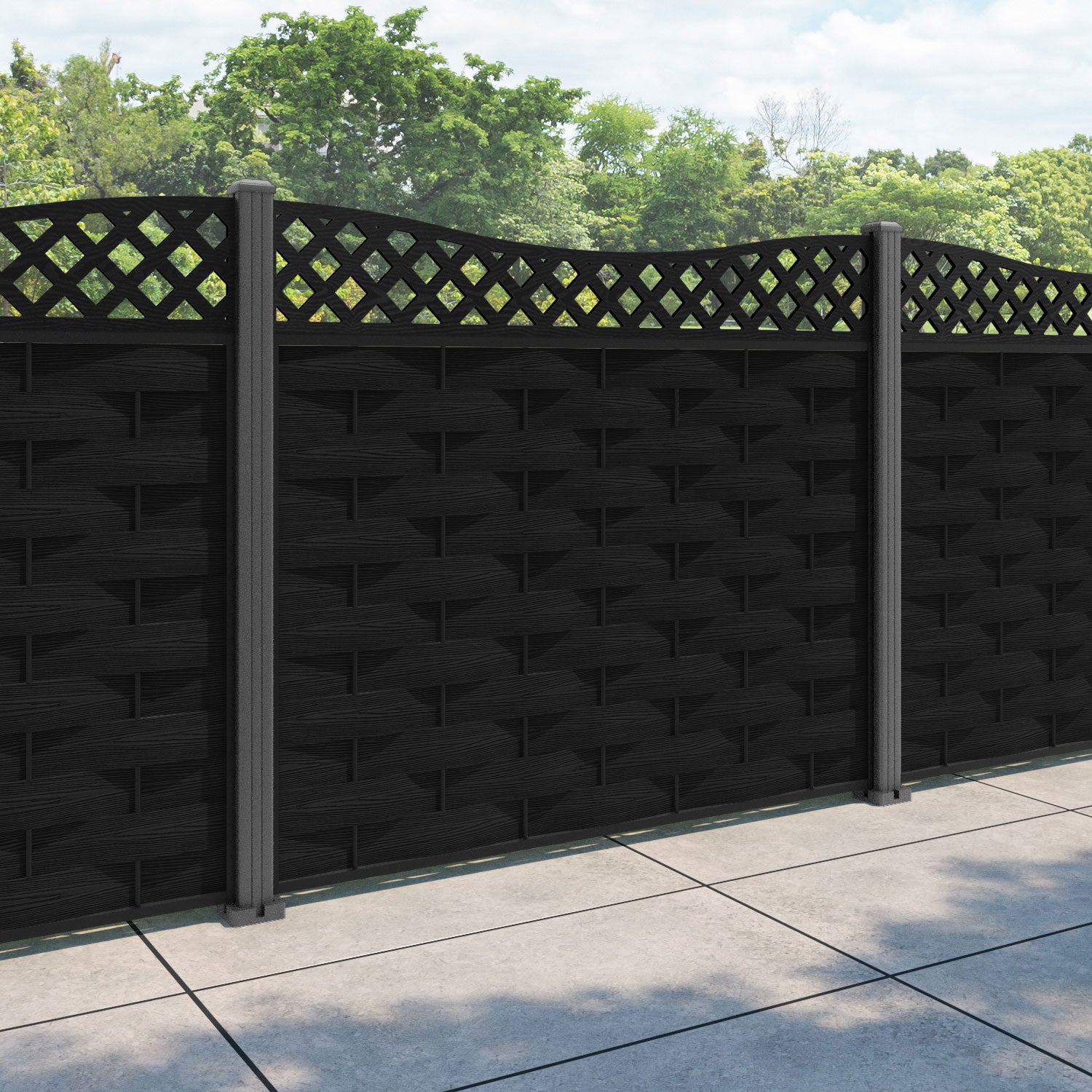 Ripple Low Wave Curved Top Fence Panel - Black - with our aluminium posts